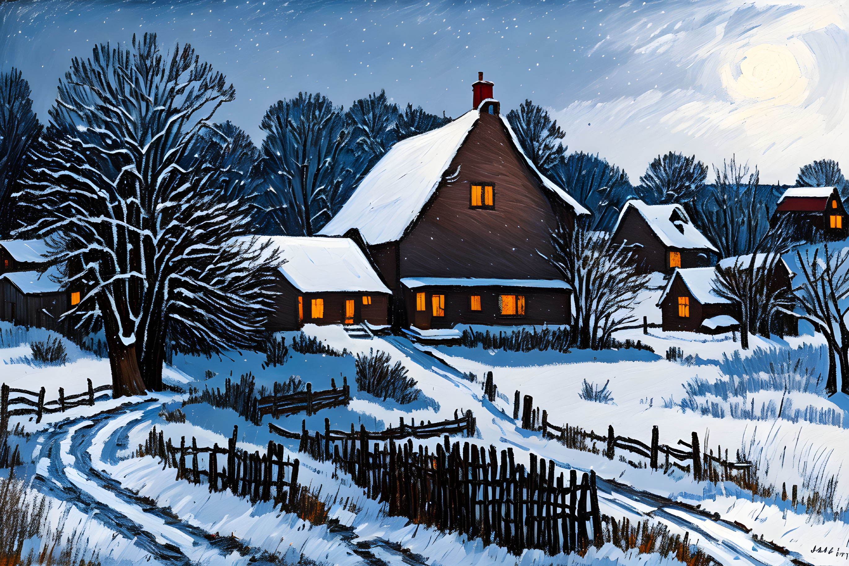 Snowy Nocturnal Landscape: Cozy Village, Illuminated Windows, Prominent Tree