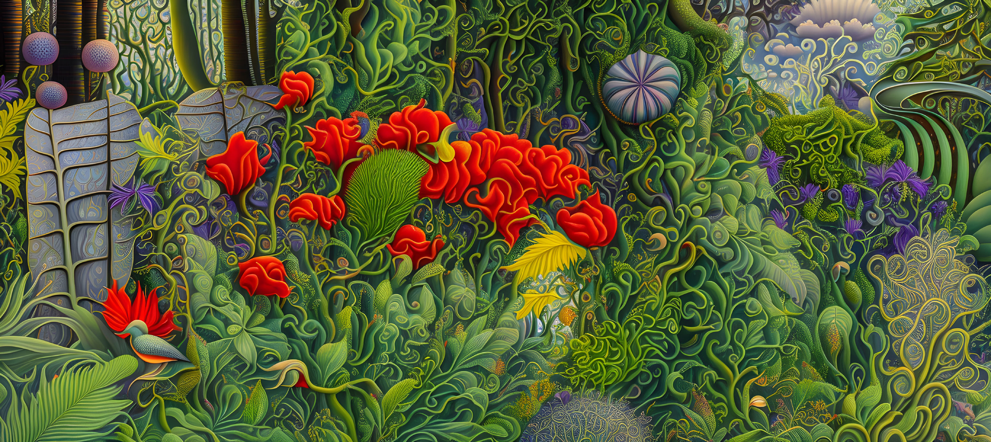 Colorful surreal jungle scene with intricate patterns and red flowers.