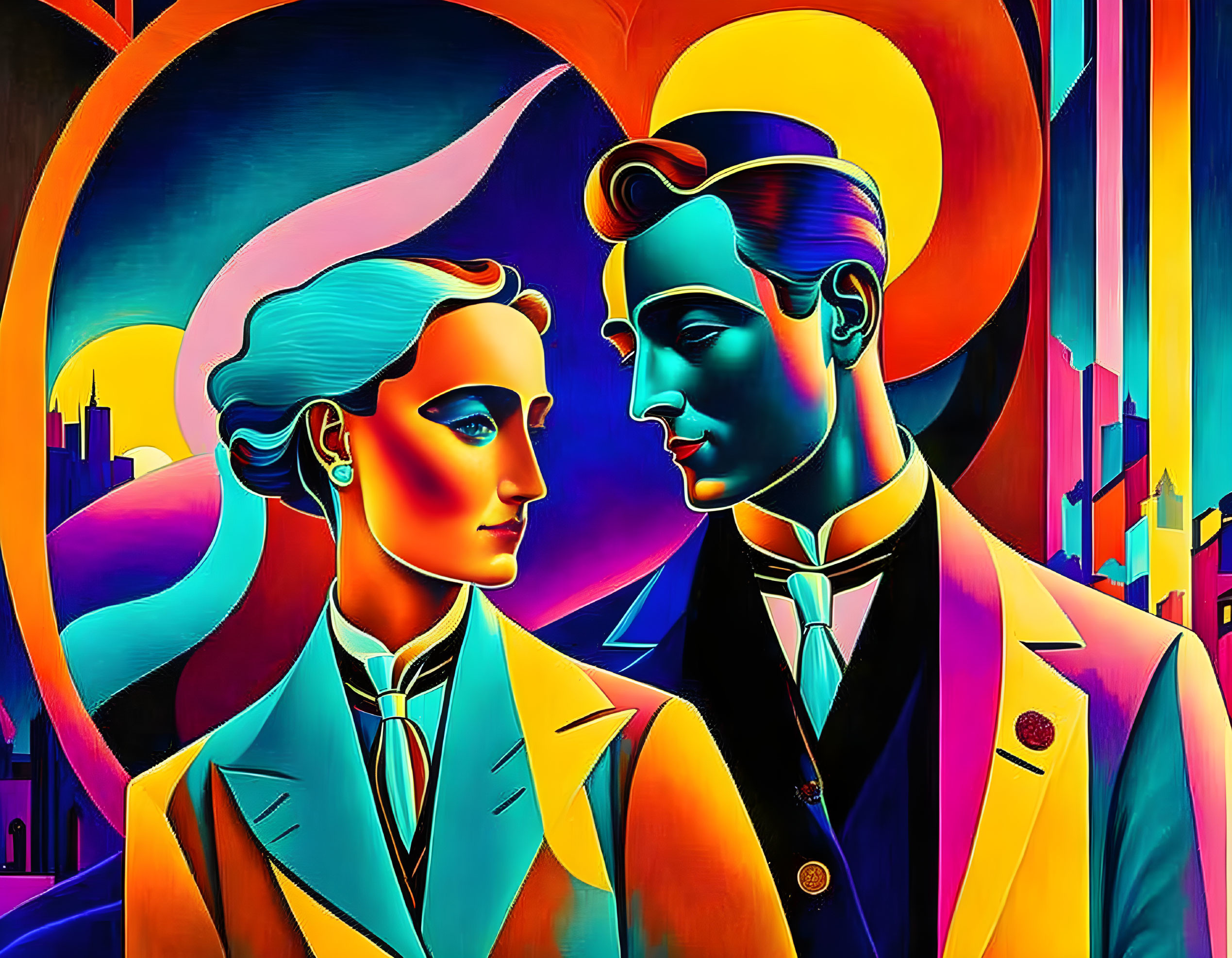 Colorful Art Deco-inspired man and woman illustration in formal attire