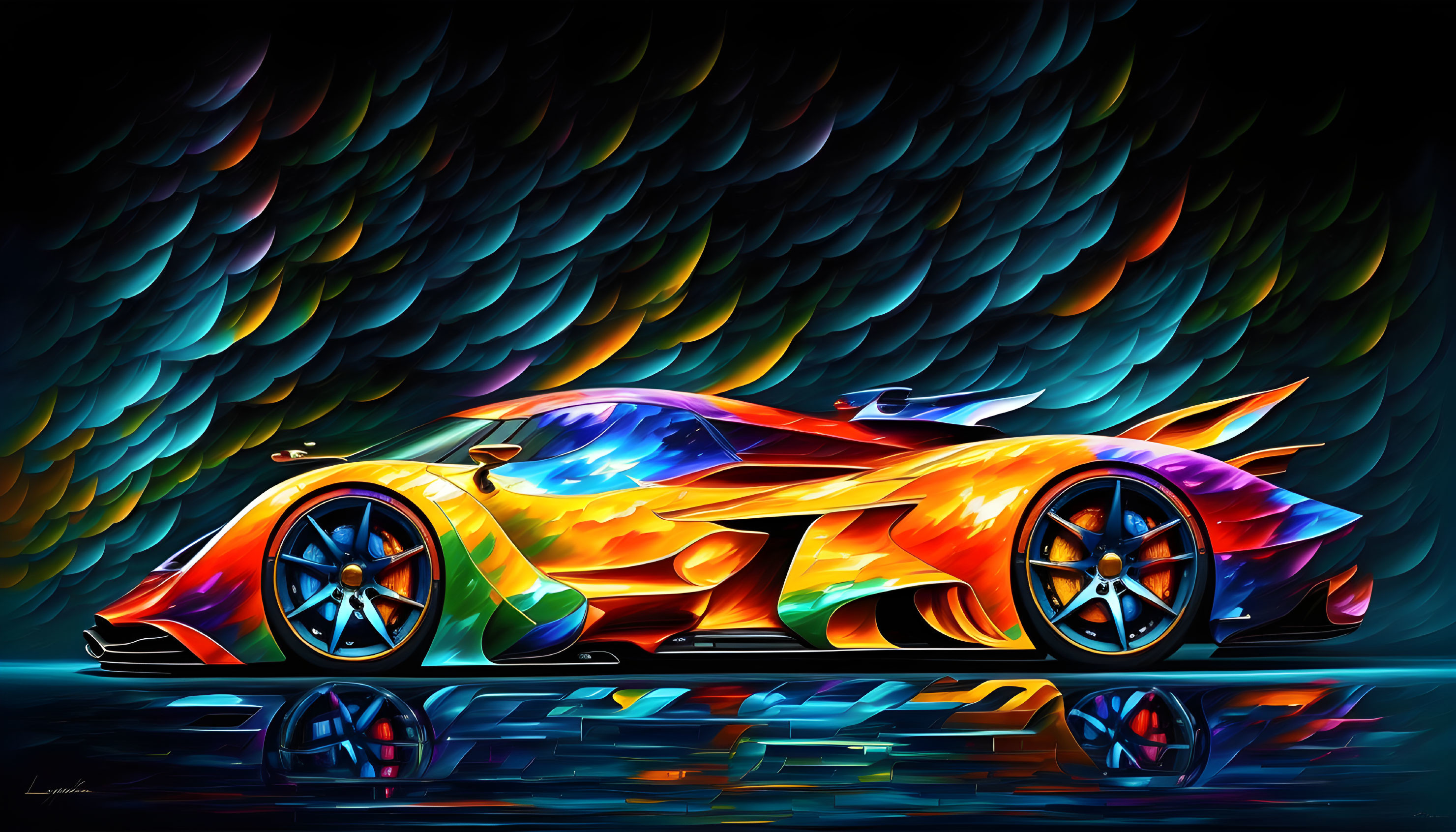 Colorful digital artwork: sleek sports car with fiery colors on abstract backdrop