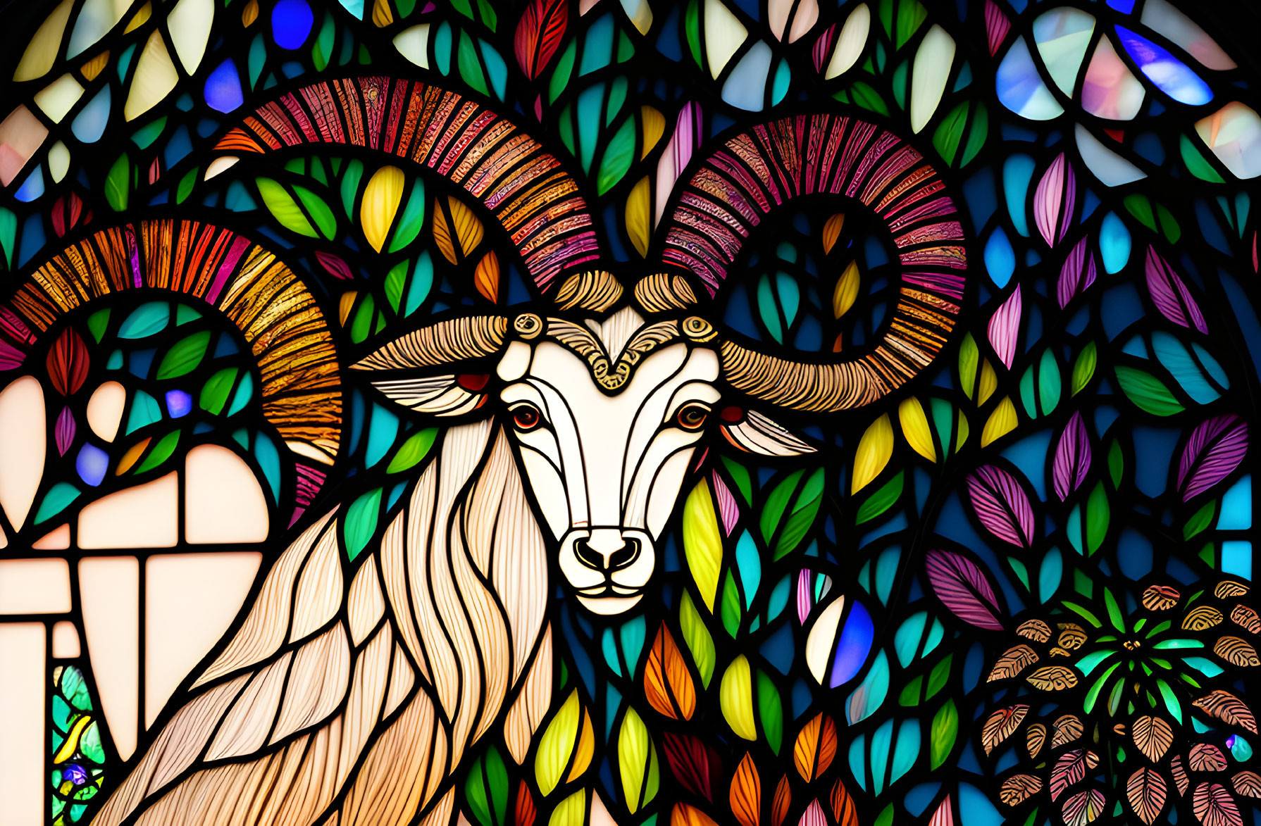 Colorful Ram with Spiraled Horns in Vibrant Stained Glass Window