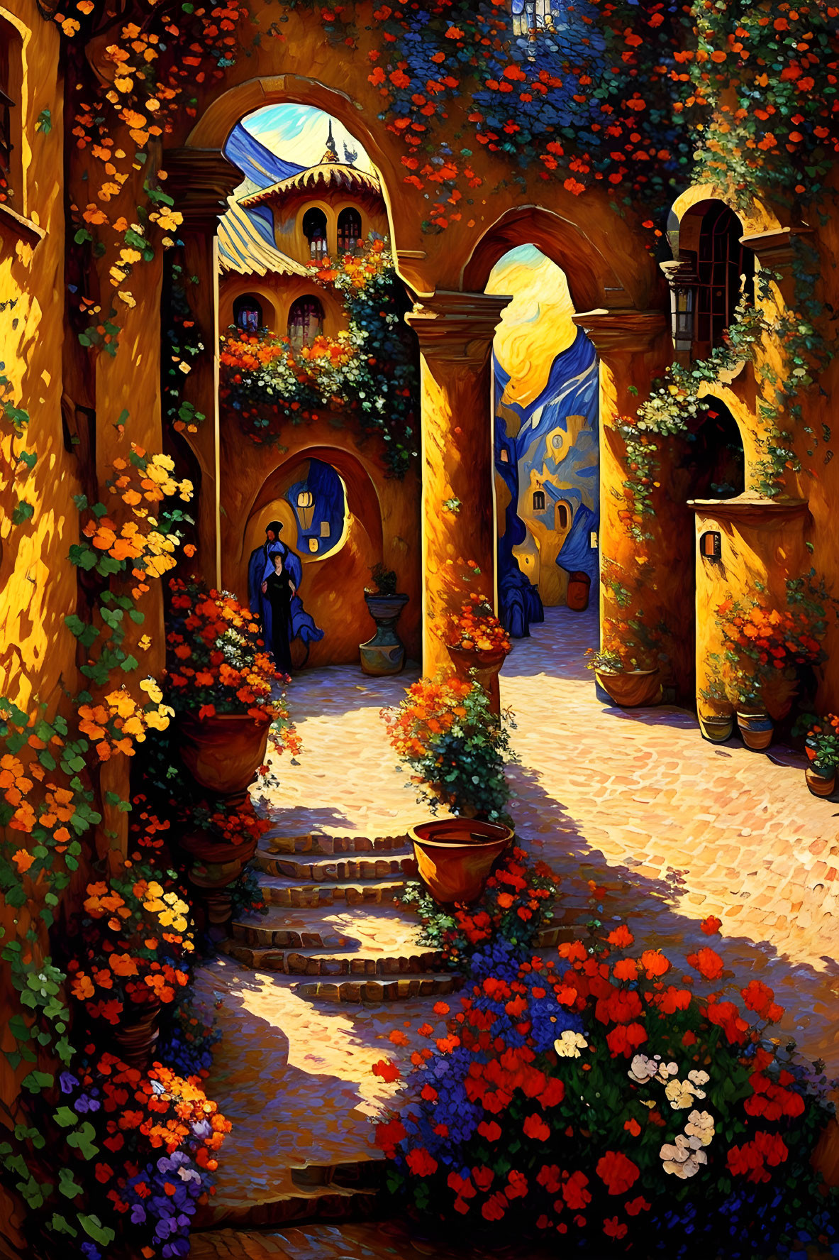 Colorful painting of sunlit stone alleyway with flowers and figure in cloak.