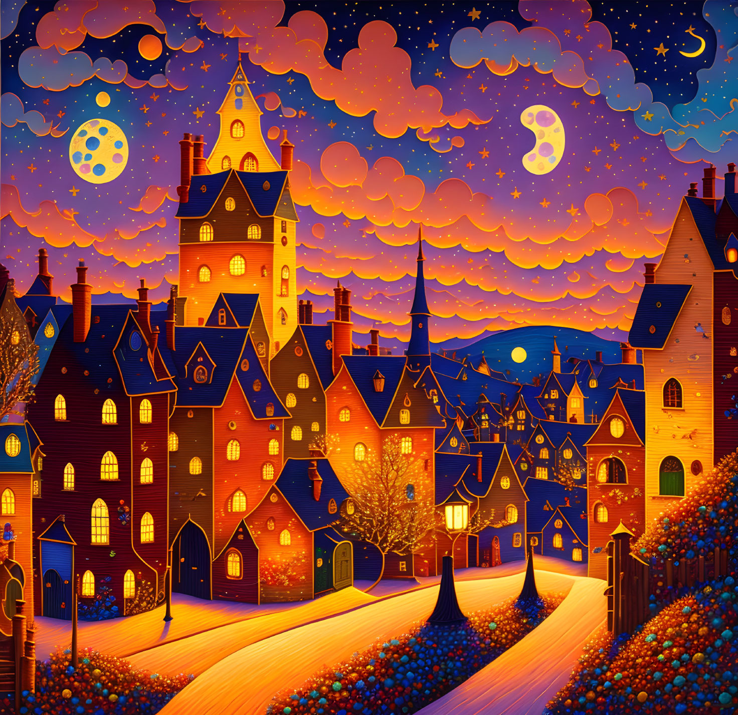 Colorful Night Scene: Whimsical Town Illustration with Clock Tower