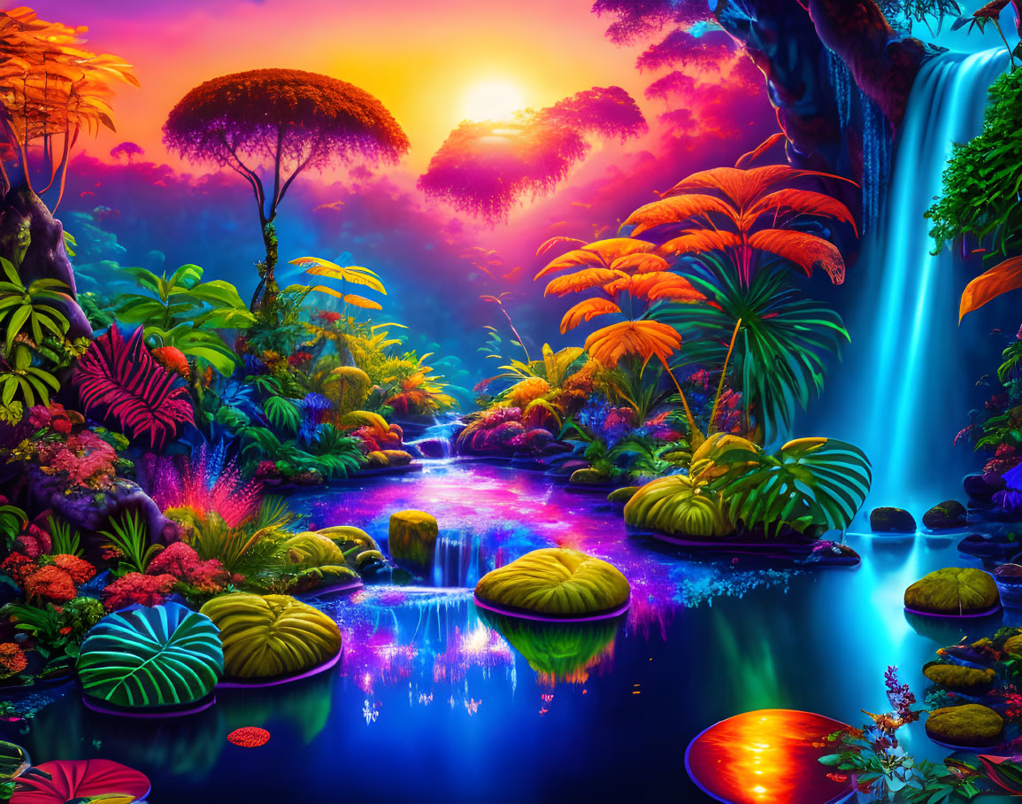 Colorful fantasy landscape with waterfall, lush foliage, and sunset river