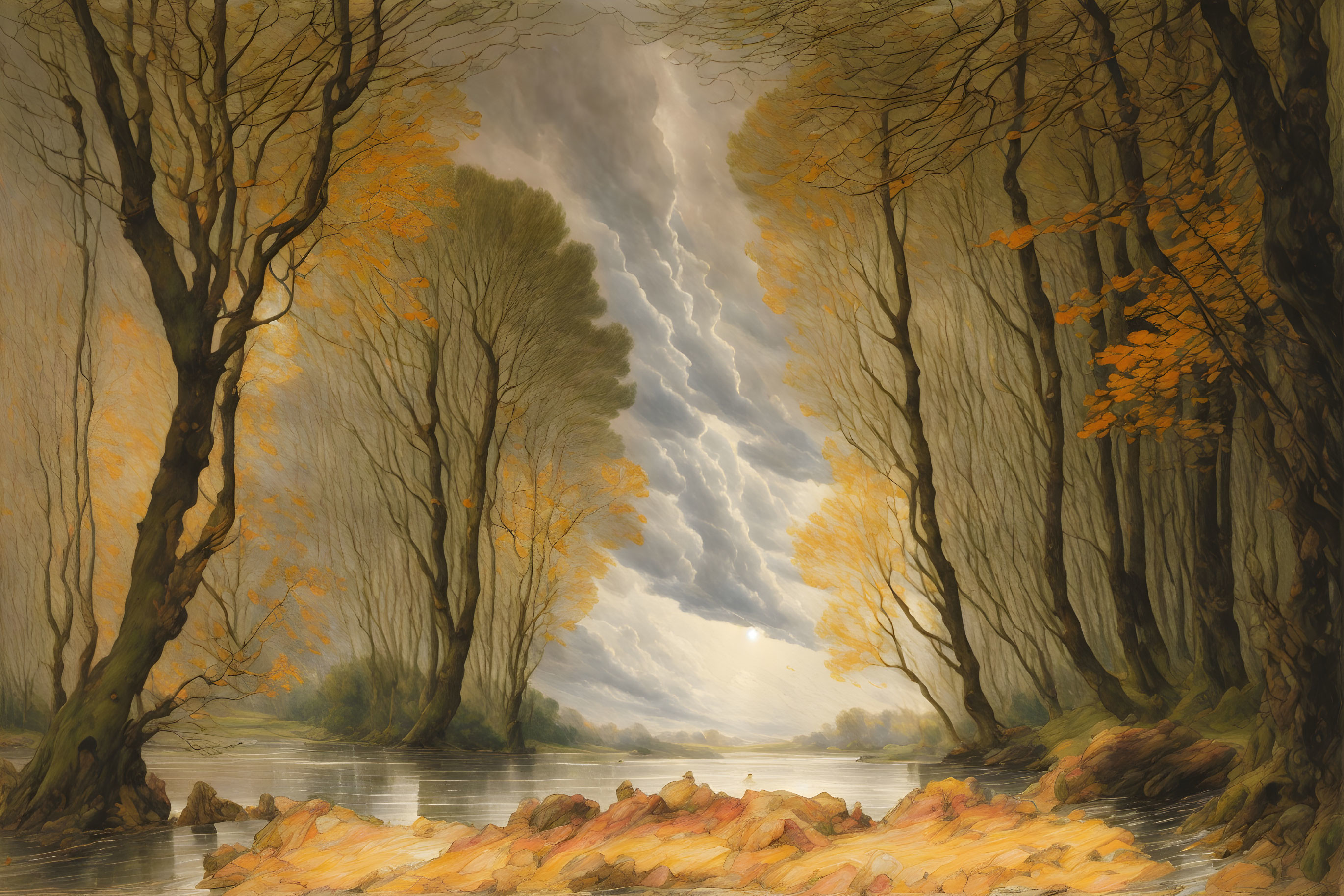 Tranquil river with autumn trees under dramatic sky