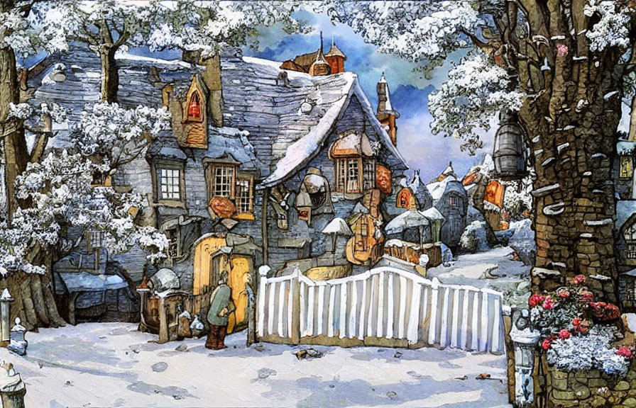 Snow-covered village with cobblestone homes and frosted trees in winter scene.