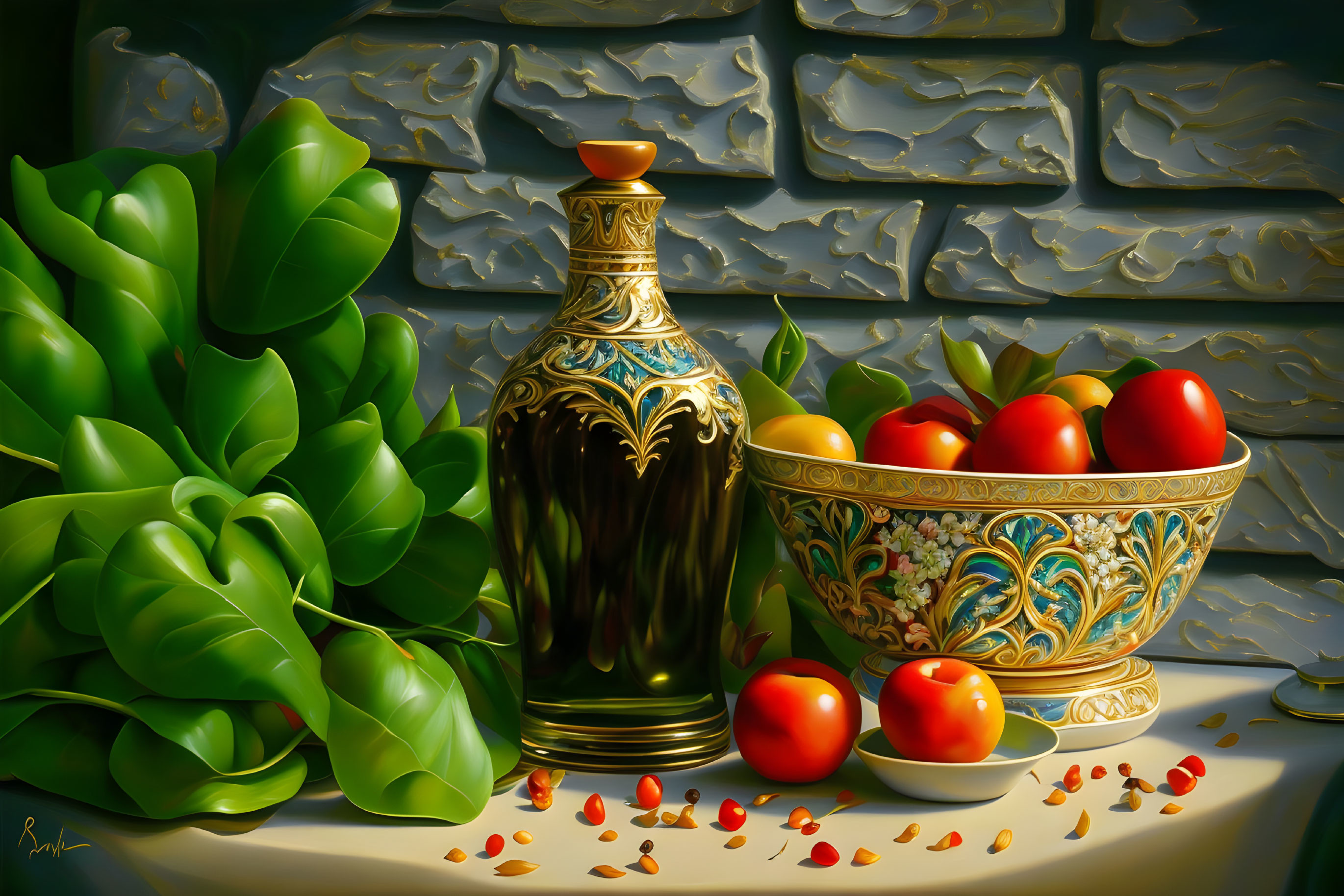 Golden vase and bowl with fruits on table by lush plants and spices against brick wall