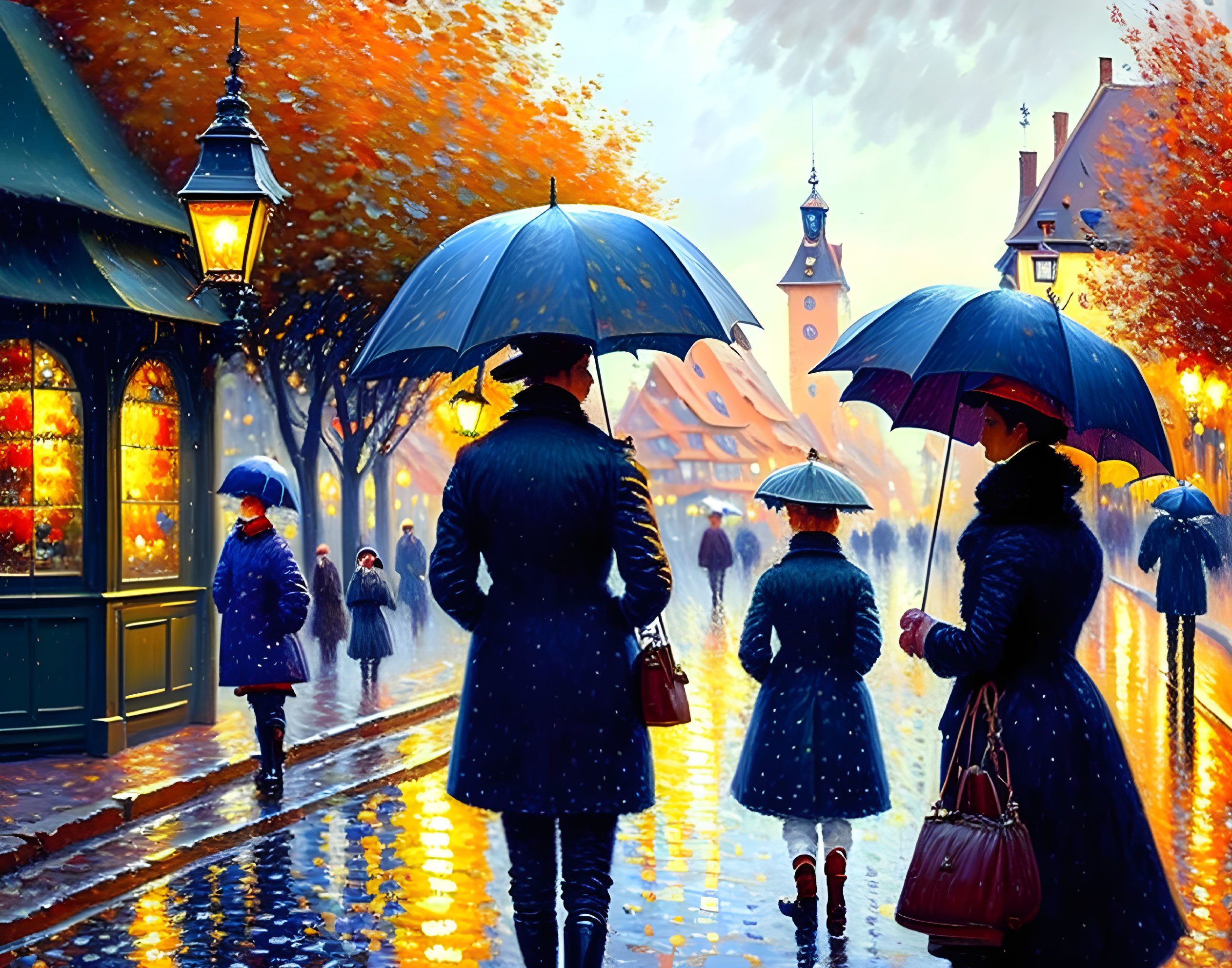 Rainy street scene: people with umbrellas, glowing lanterns, and quaint buildings at dusk.