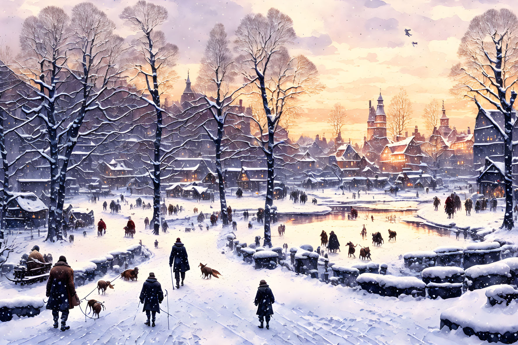 Winter village scene: people ice-skating, walking dogs, snow-covered trees, houses at sunset