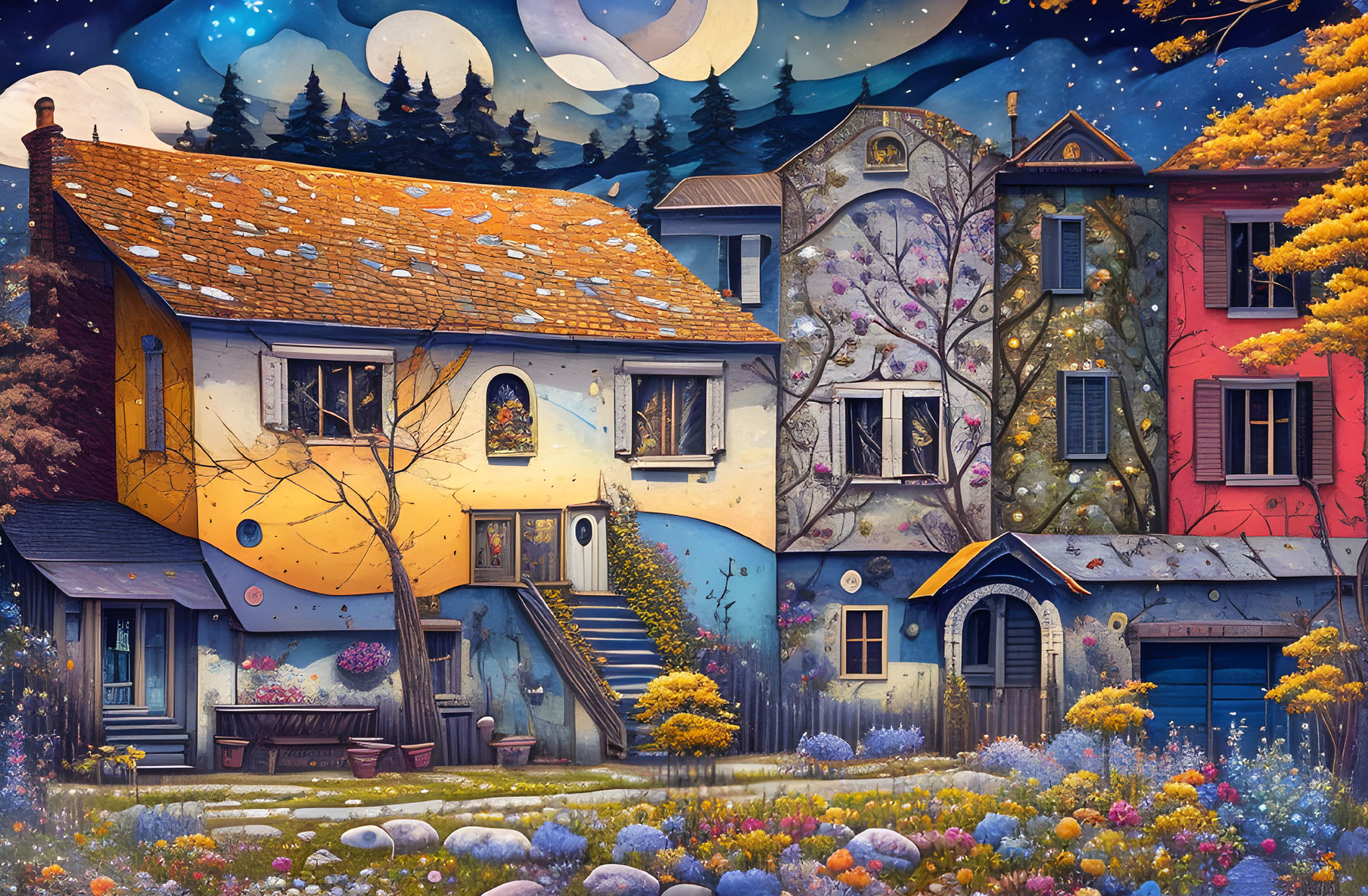 Colorful Houses and Flowers in Night Sky with Moon and Stars