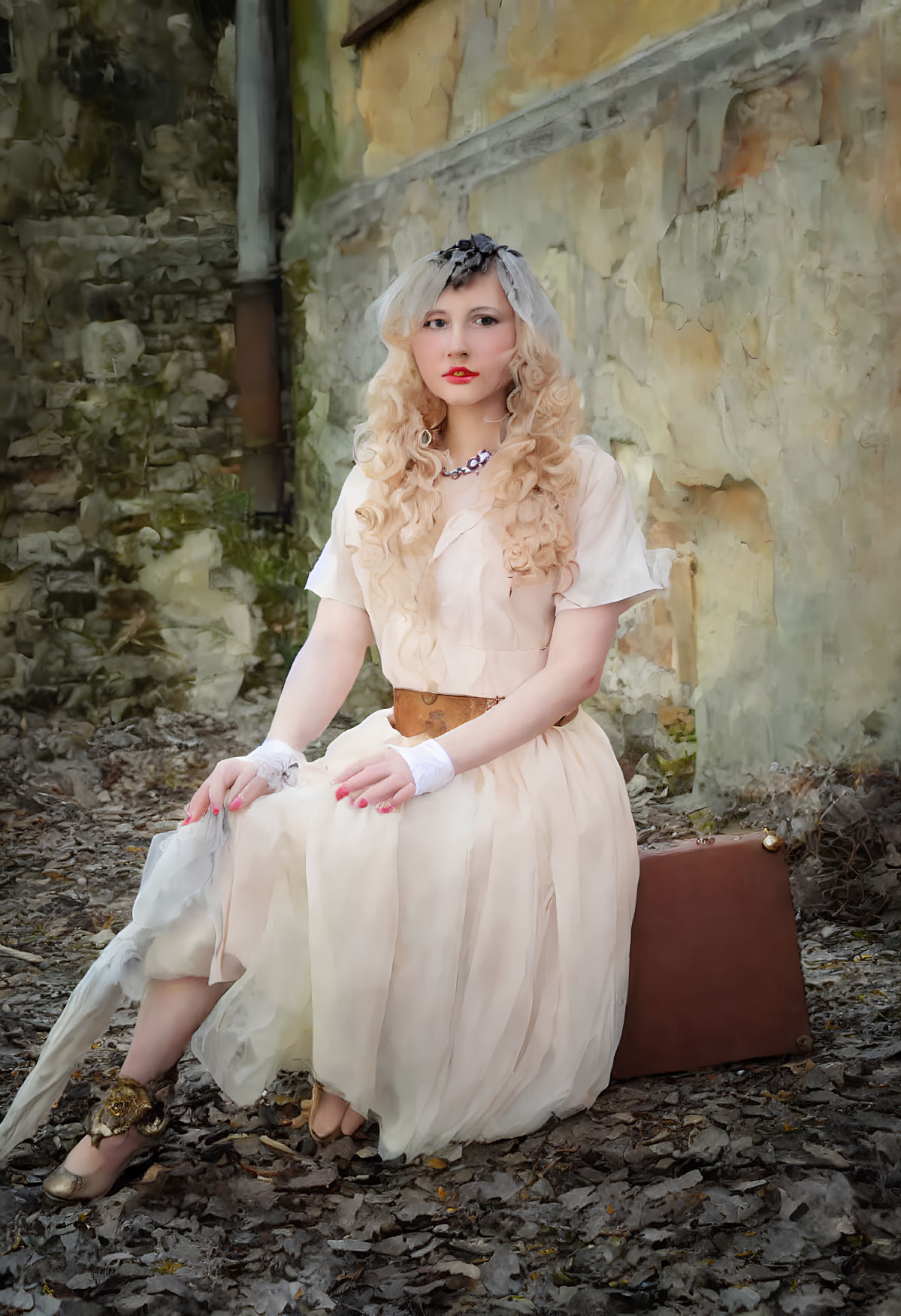 Vintage Woman in Veil and Gloves Sitting on Suitcase Against Rustic Wall