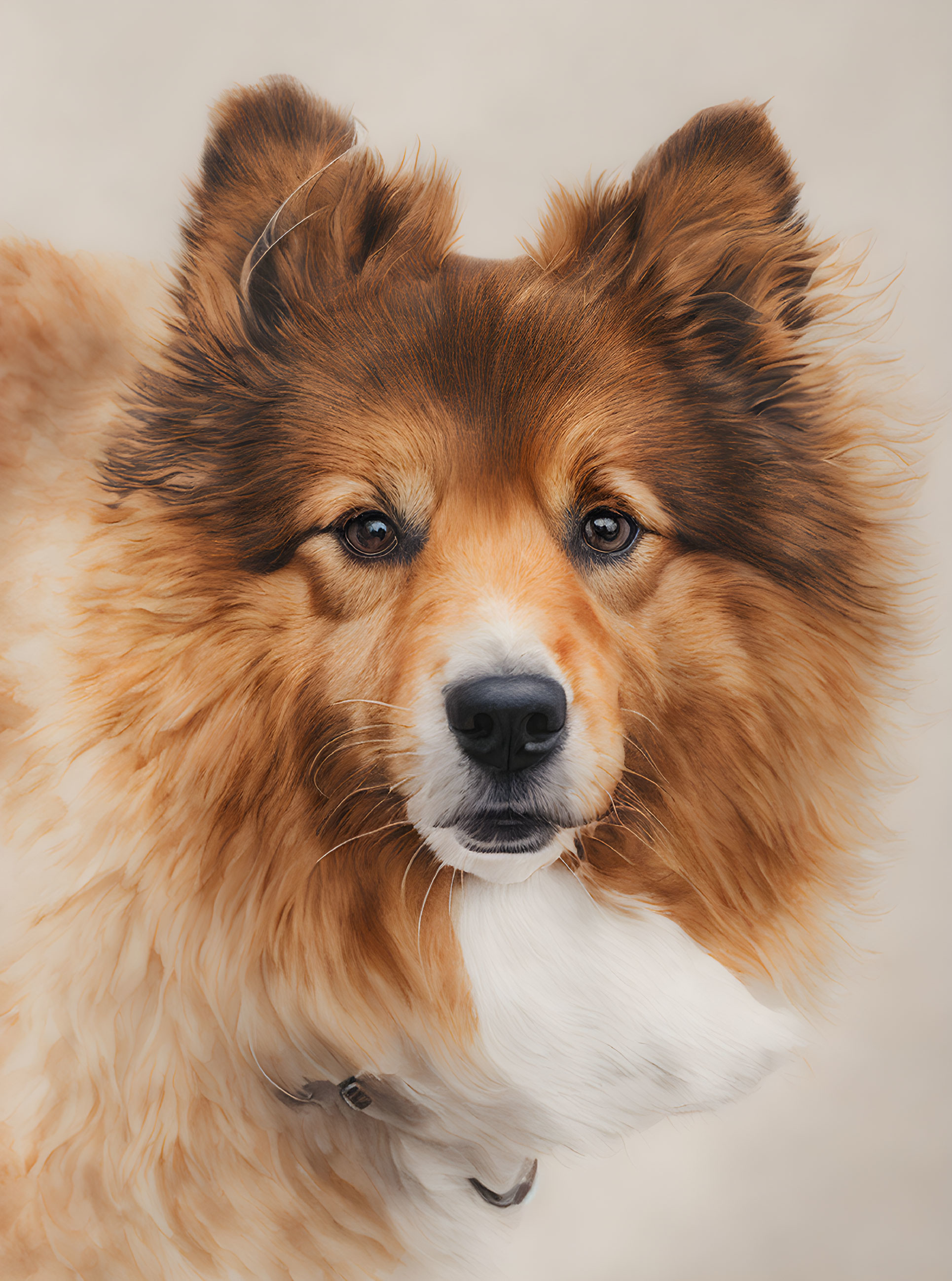 Fluffy Brown and White Dog Portrait with Pointed Ears