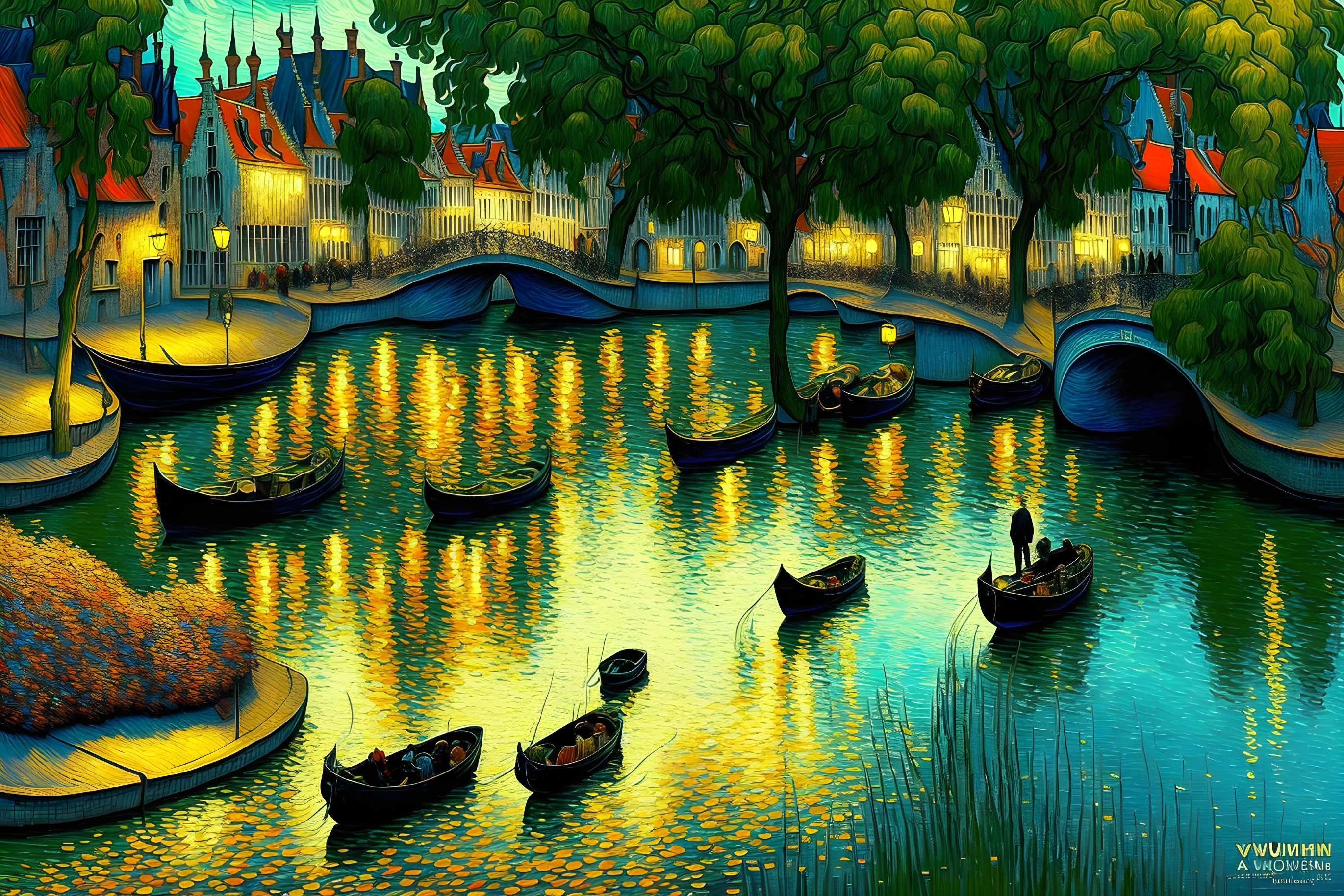 Colorful riverside scene with boats, bridge, and houses at twilight