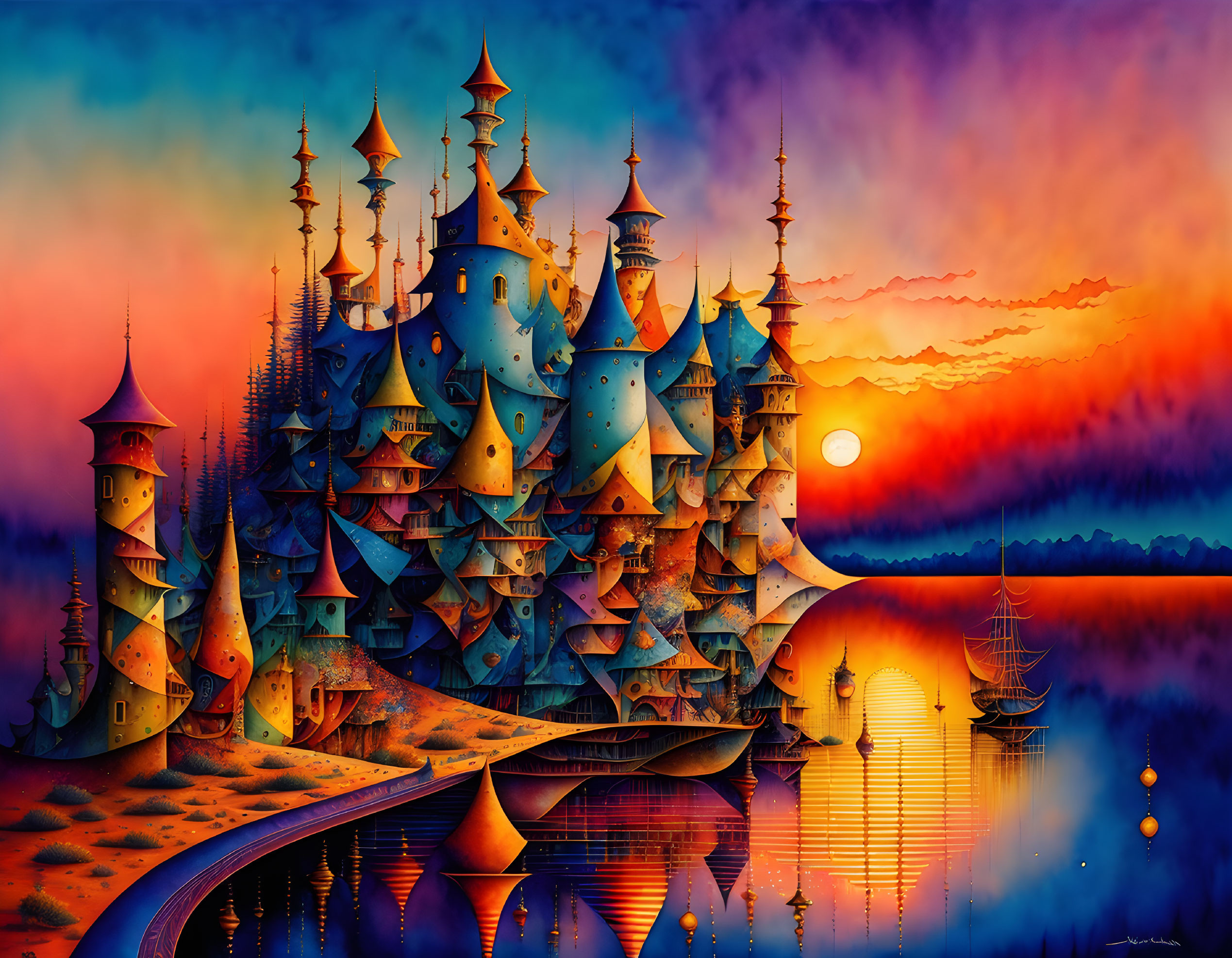 Fantastical castle with tall spires in vibrant sunset setting