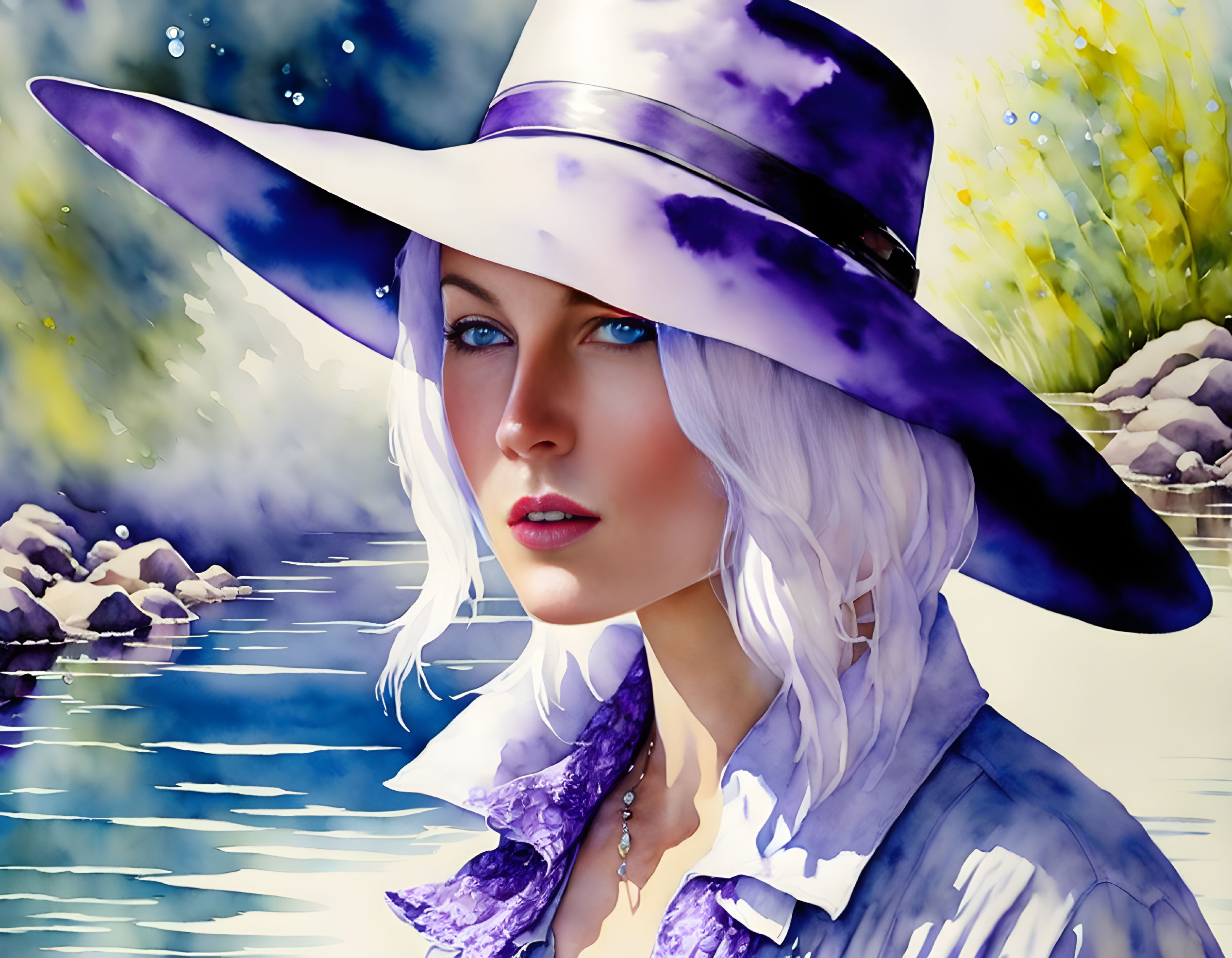 Digital artwork: Woman with blue eyes in wide-brimmed hat against watercolor nature backdrop