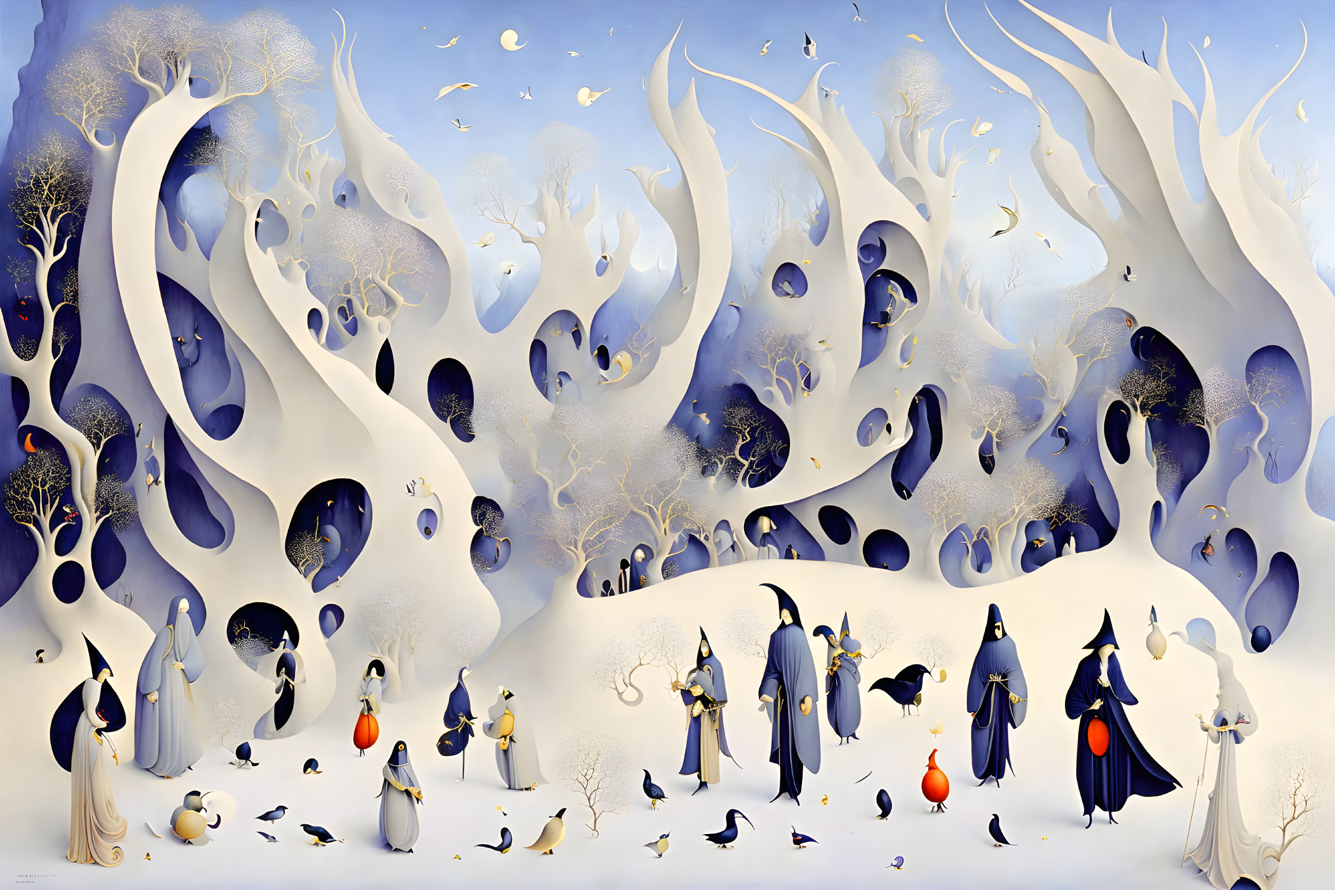 Whimsical landscape with penguins and robed figures in cool palette