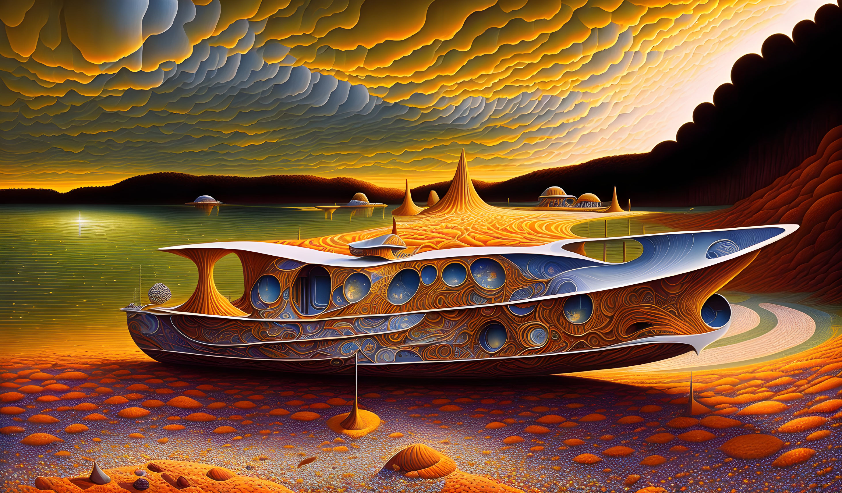 Surreal landscape with organic-shaped structure, orange terrain, shells, reflective water, layered clouds.