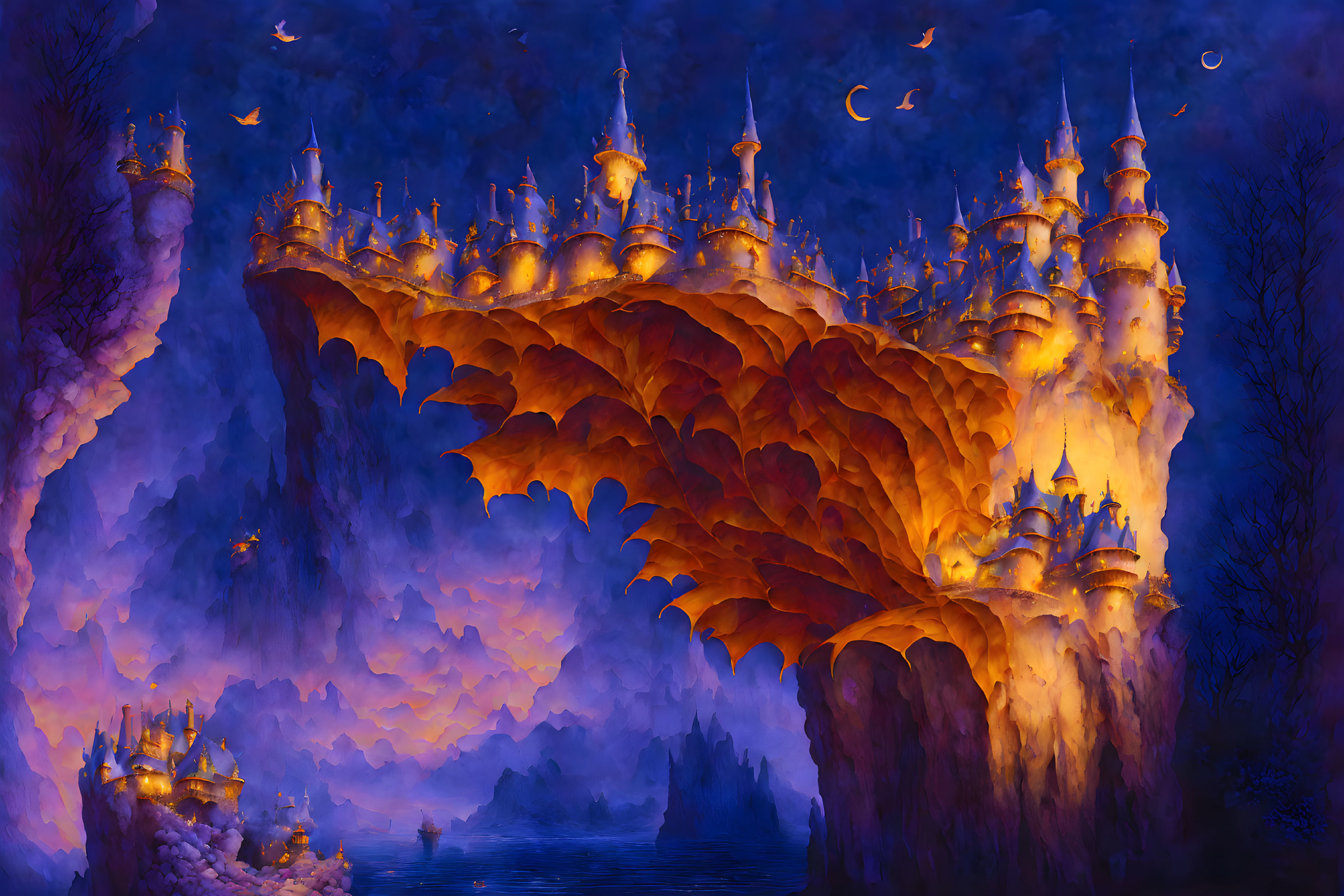 Fantastical illuminated castle on giant leaf in ethereal twilight scene