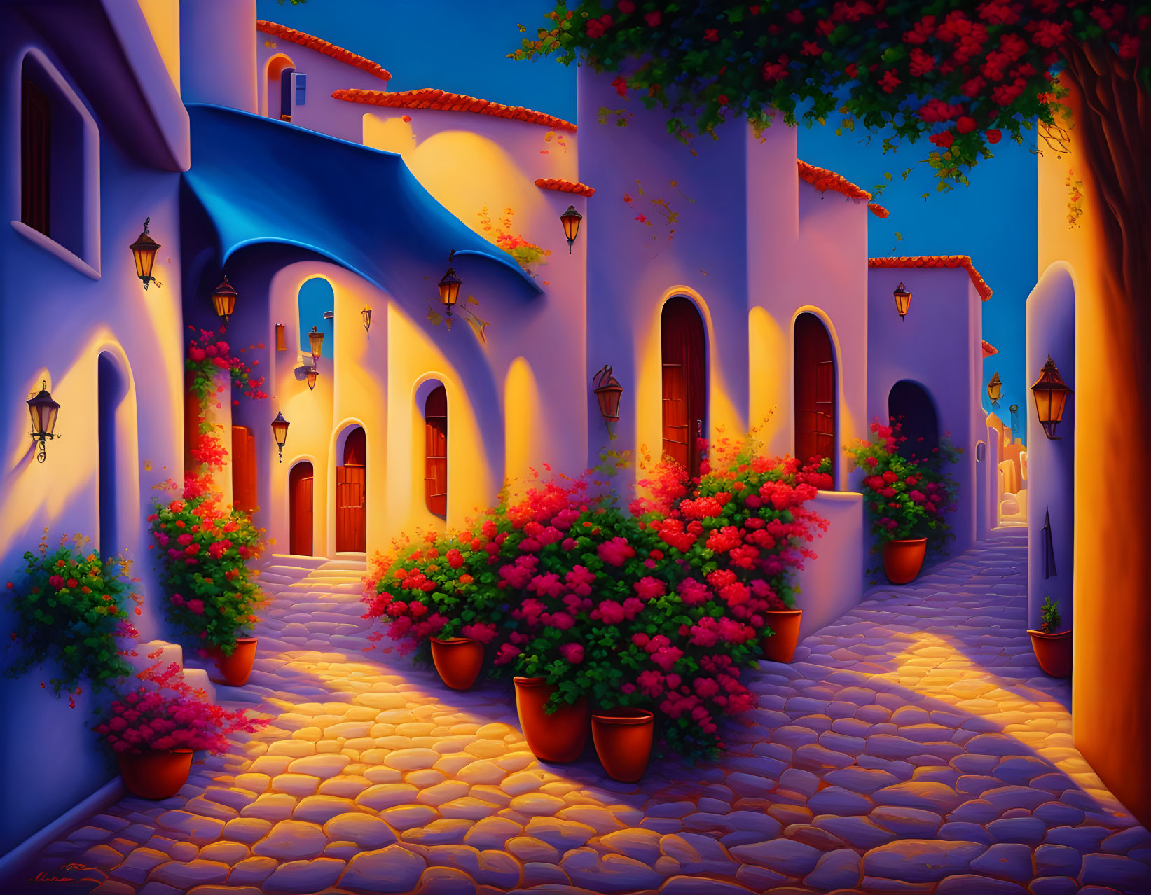 Colorful Dusk Street Scene with Cobblestone Pathways and Blooming Flowers