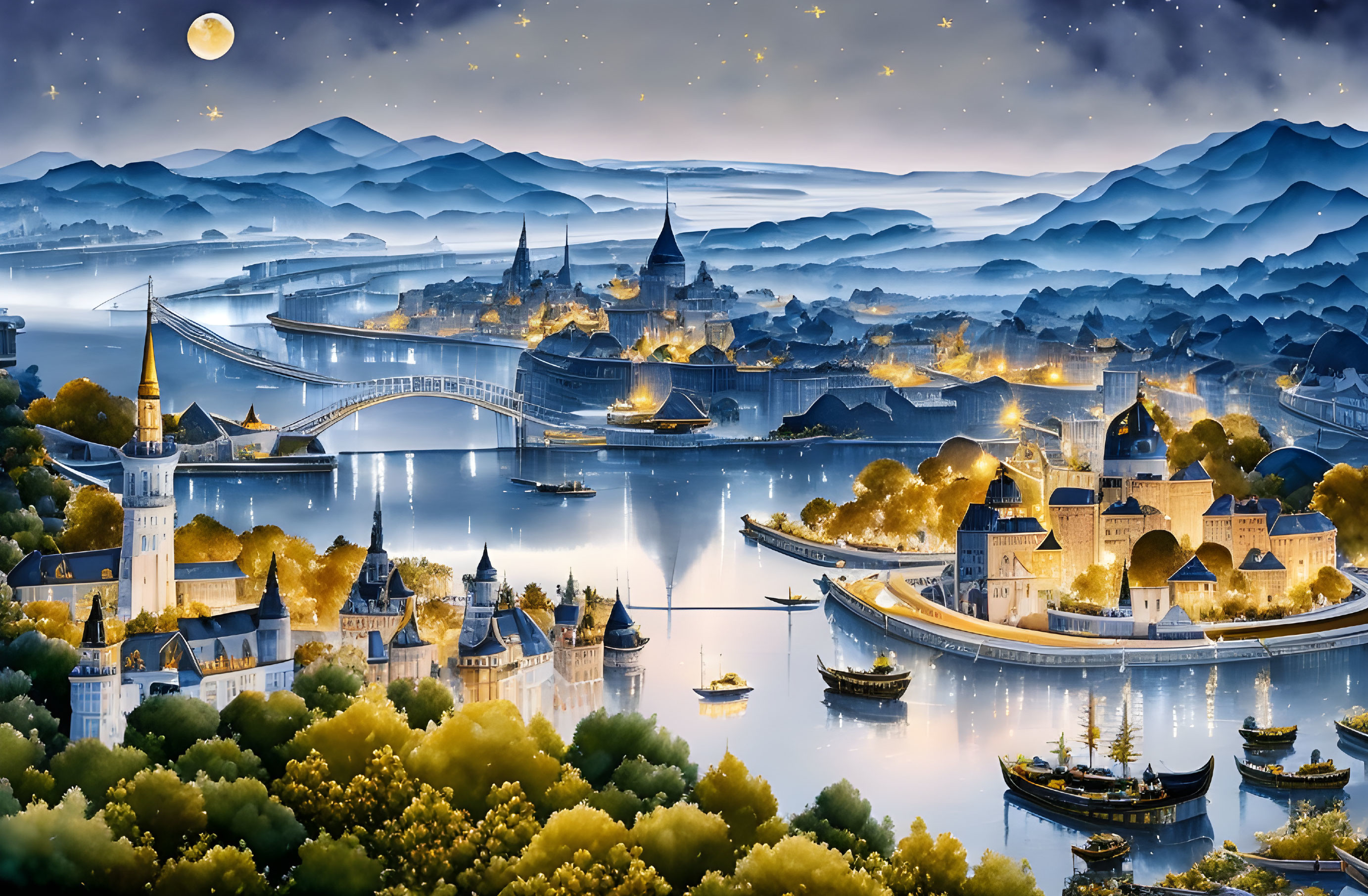 Fantasy landscape at night with full moon, stars, illuminated buildings, bridges, river, boats,