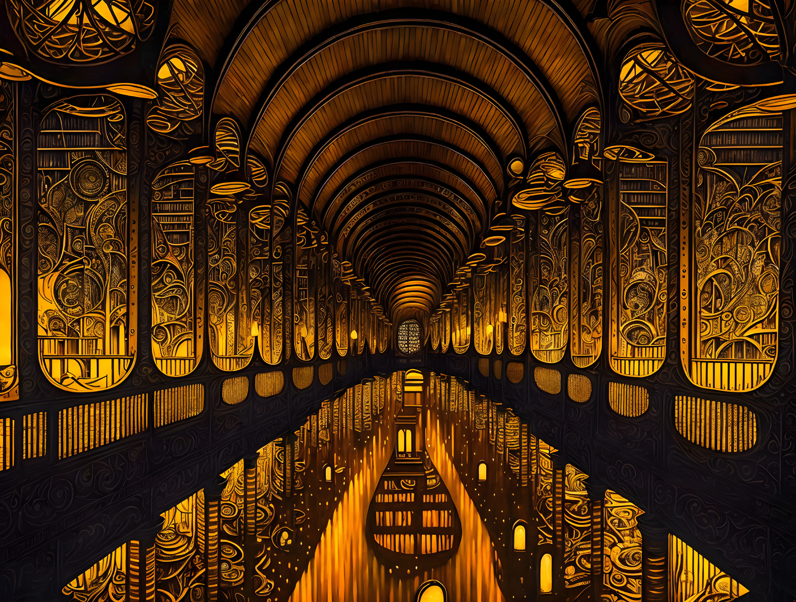 Symmetrical ornate corridor with golden illumination and intricate patterns