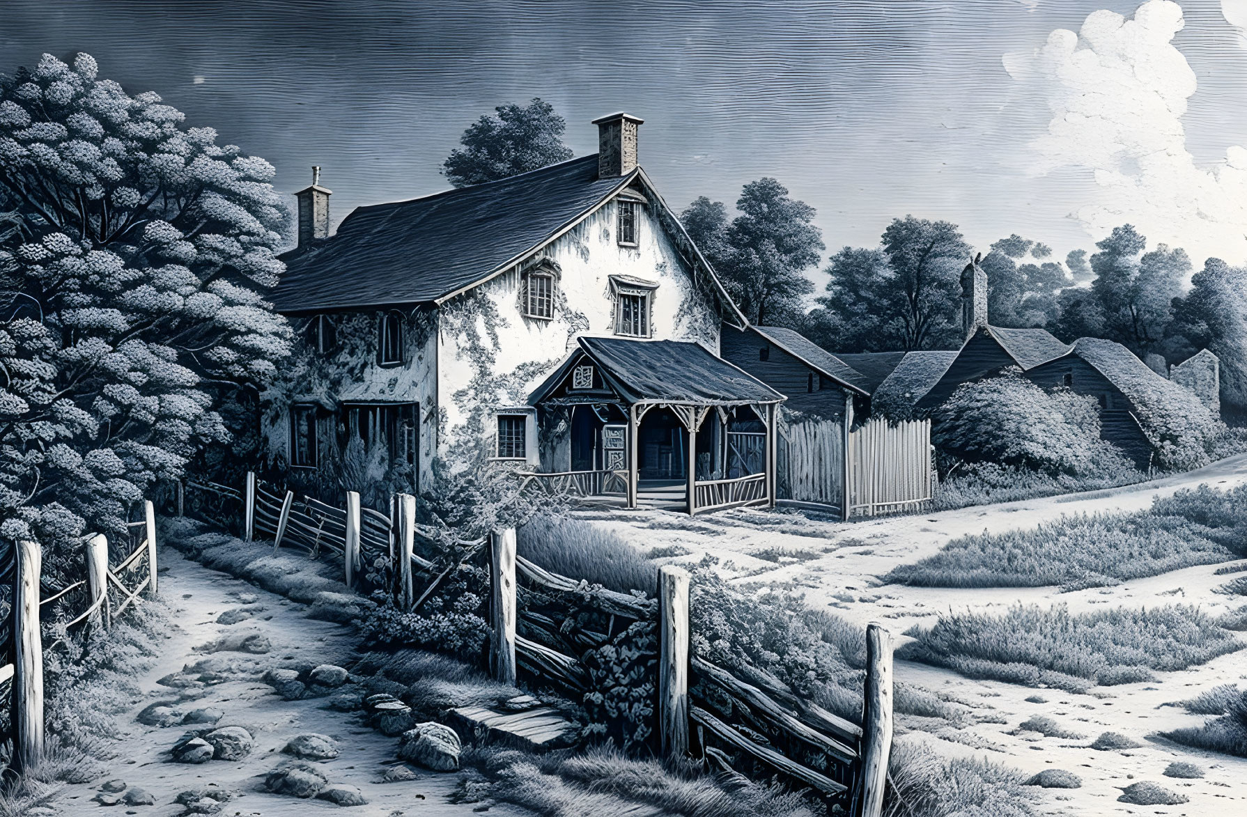 Monochrome countryside illustration with house, fence, trees, and cloudy sky