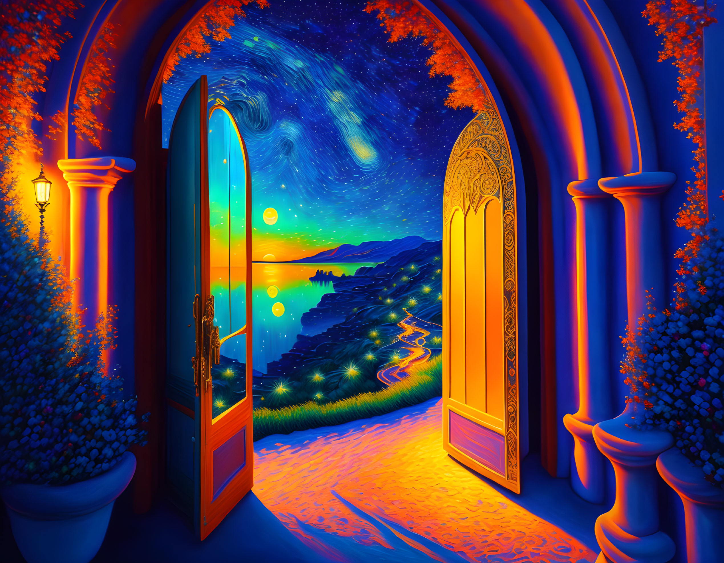 Colorful Artwork: Open Door, Night Sky, Path to Sea