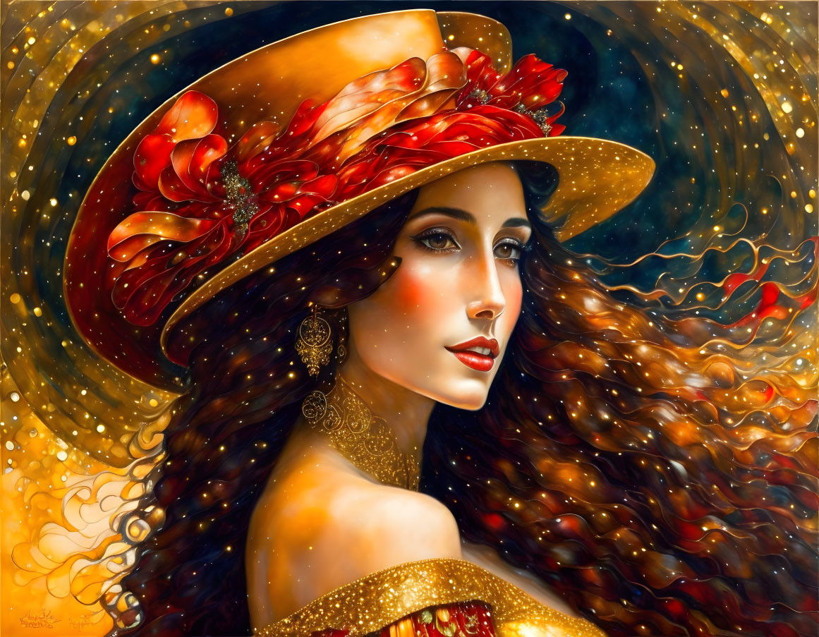 Stylized portrait of woman with curly hair in golden hat and attire