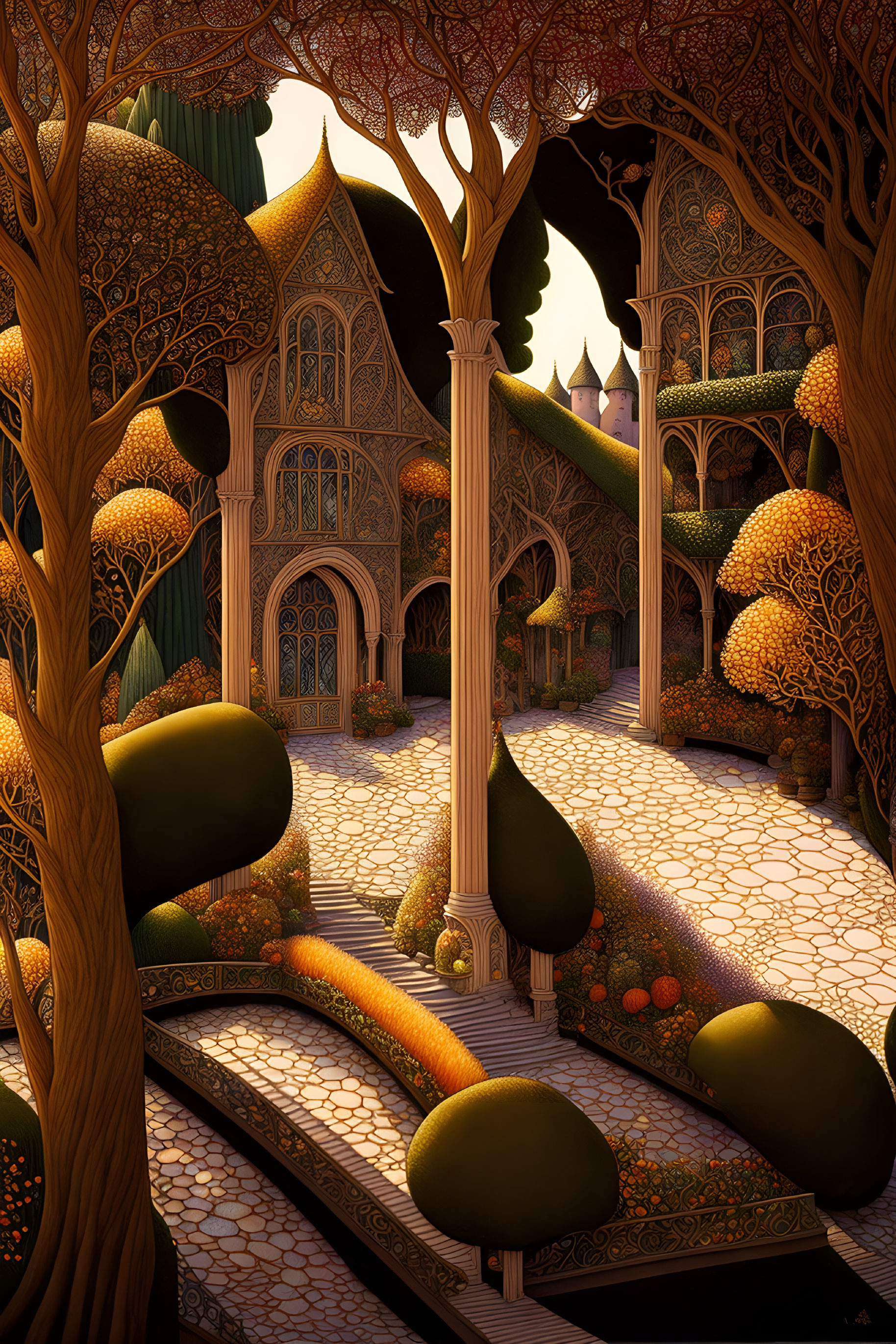 Detailed fantasy pathway with intricate trees, archways, and Gothic-style buildings in autumn.