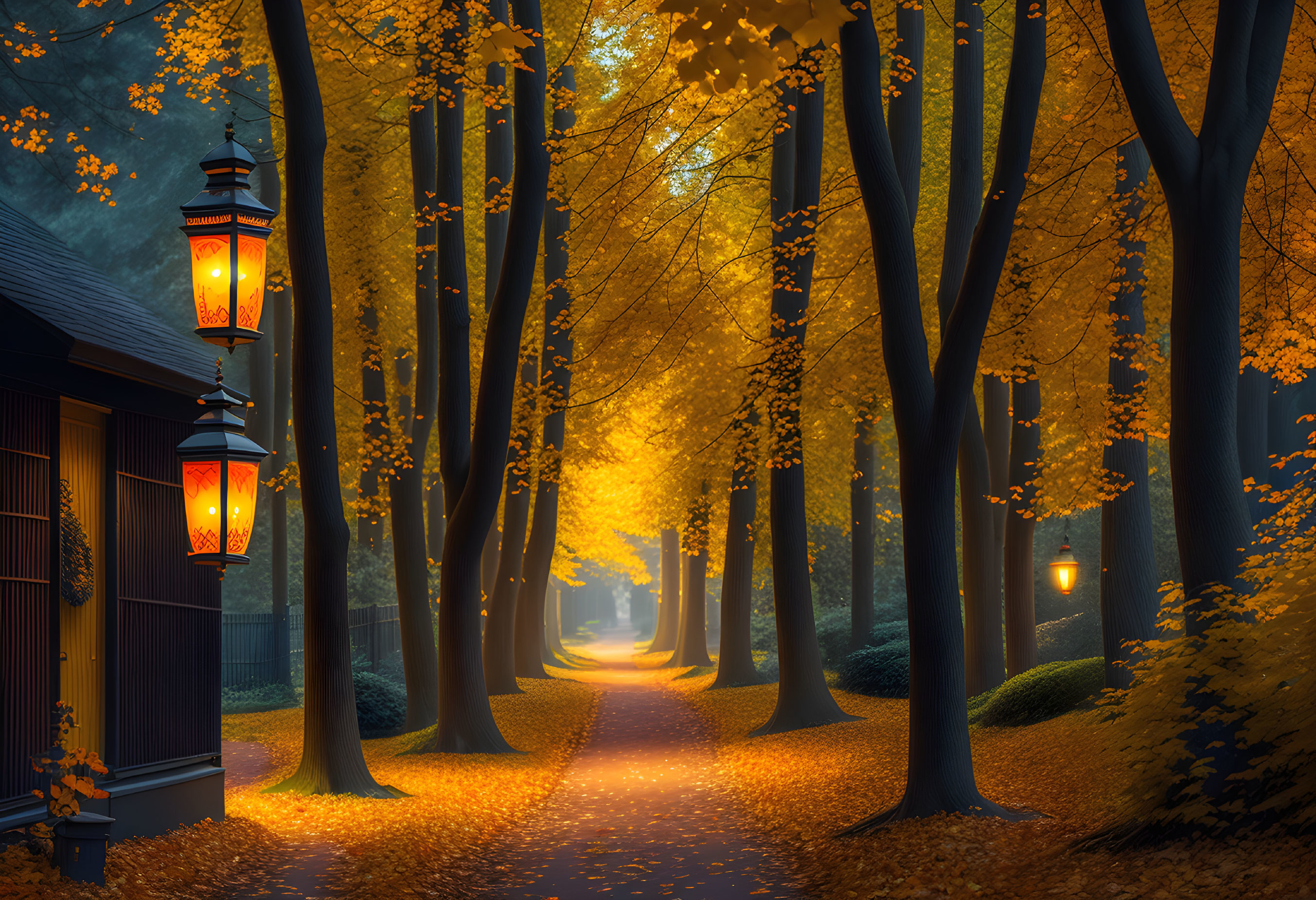 Golden trees and vintage lampposts light up autumn pathway