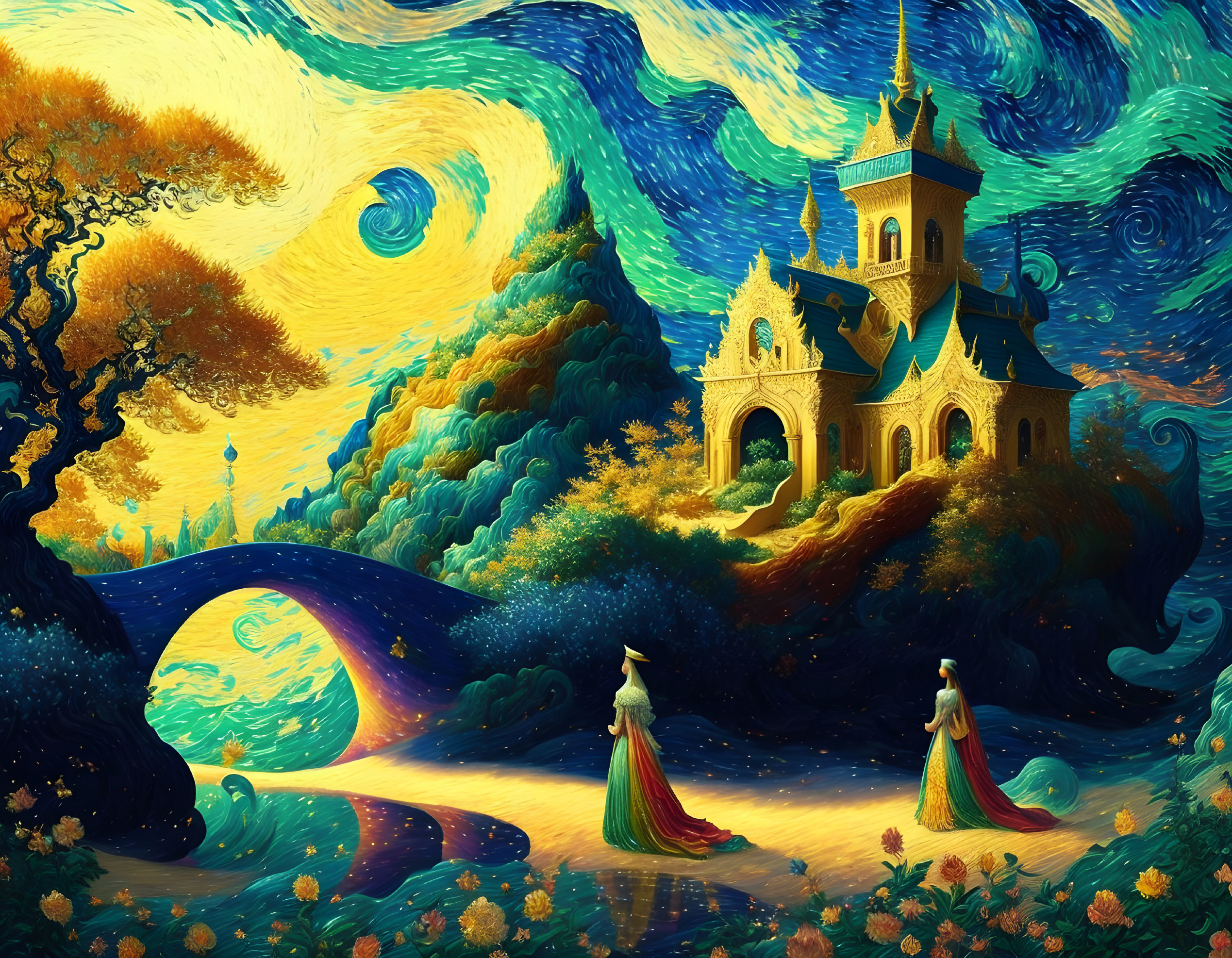 Colorful digital painting of figures in dresses by whimsical castle