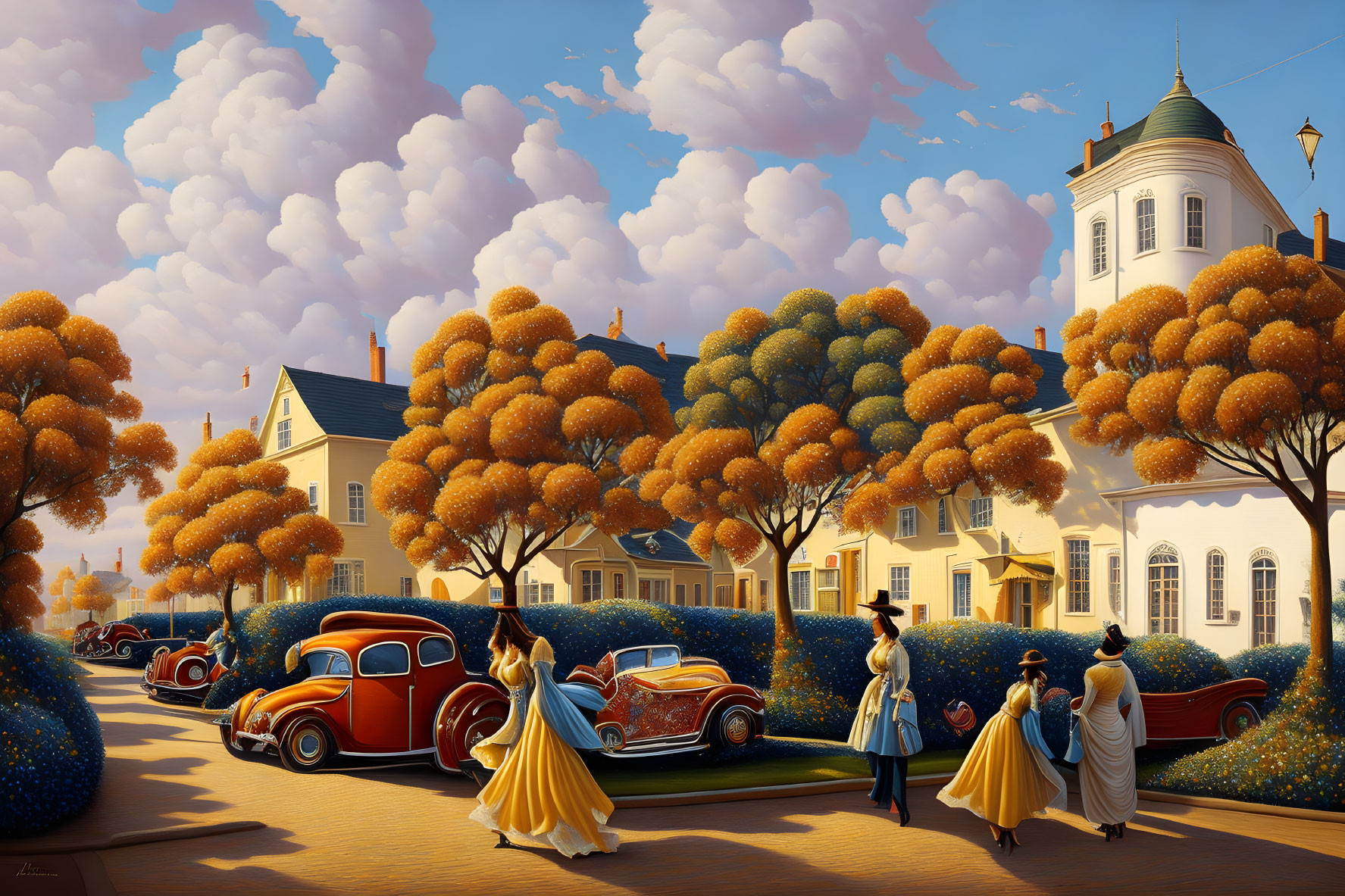 Vintage cars and people in period clothing on idyllic street with colorful trees under blue sky.