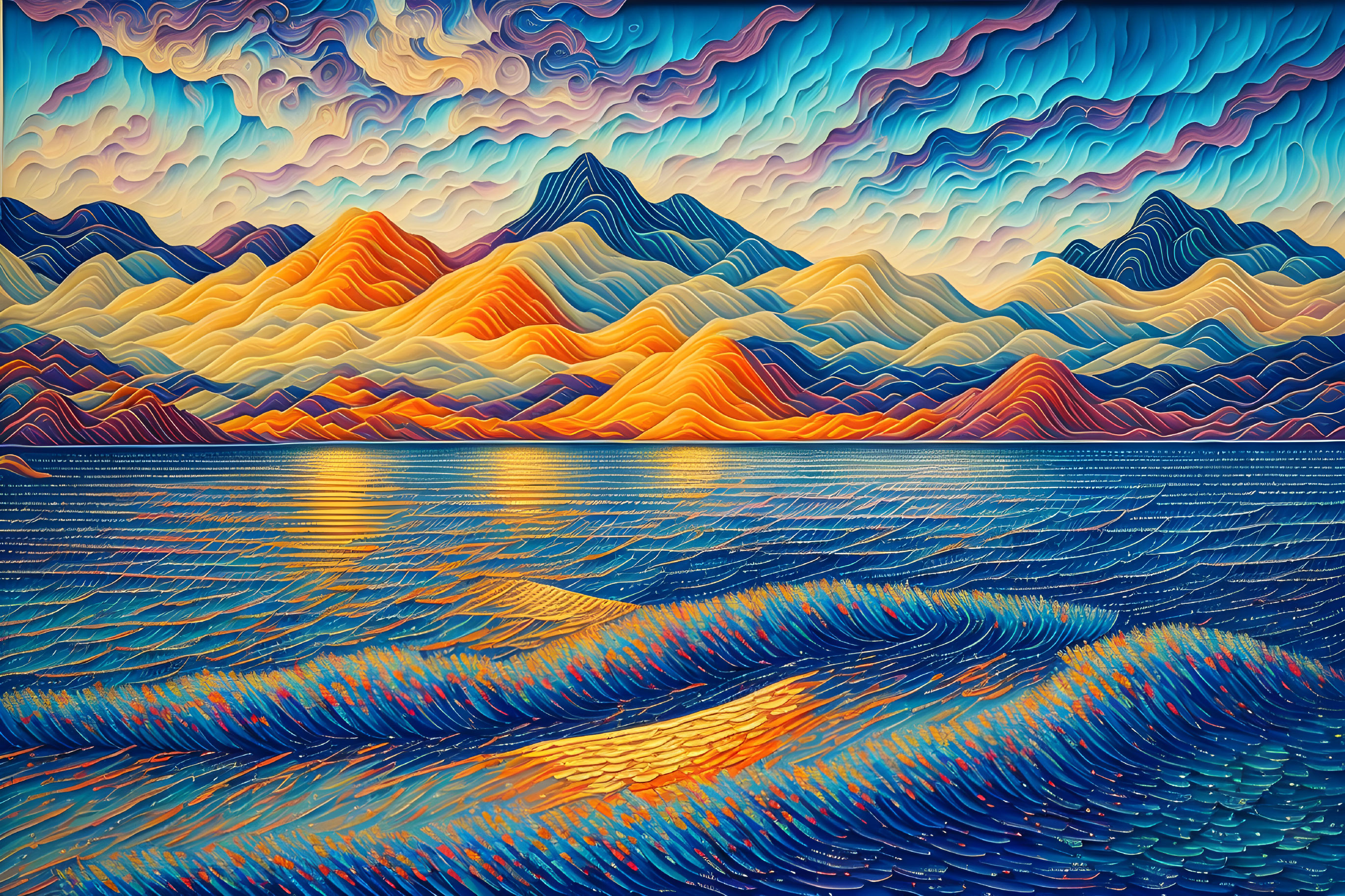 Colorful Mountain Landscape with Patterned Skies and Water Reflections