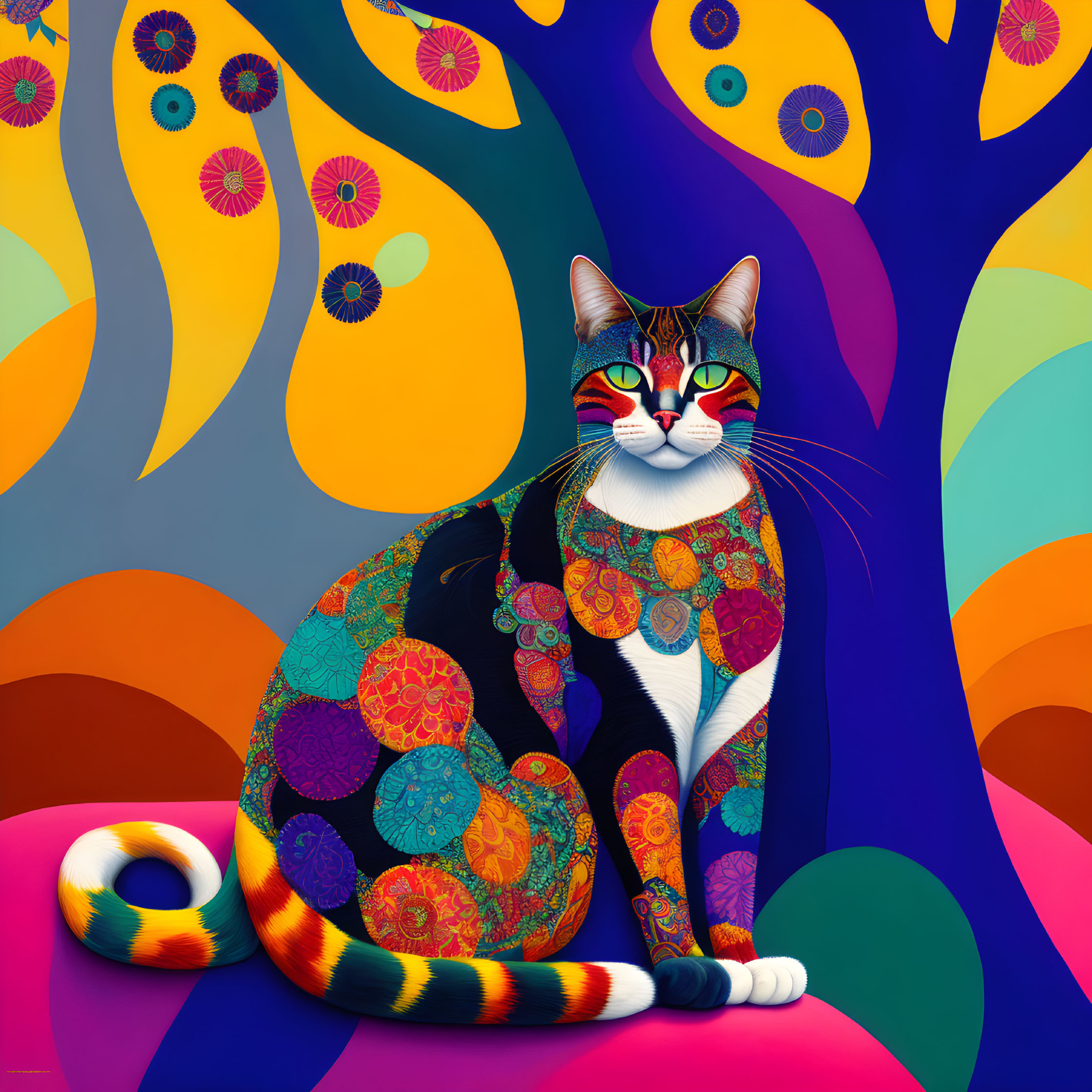 Colorful patterned cat in vibrant abstract landscape with whimsical tree