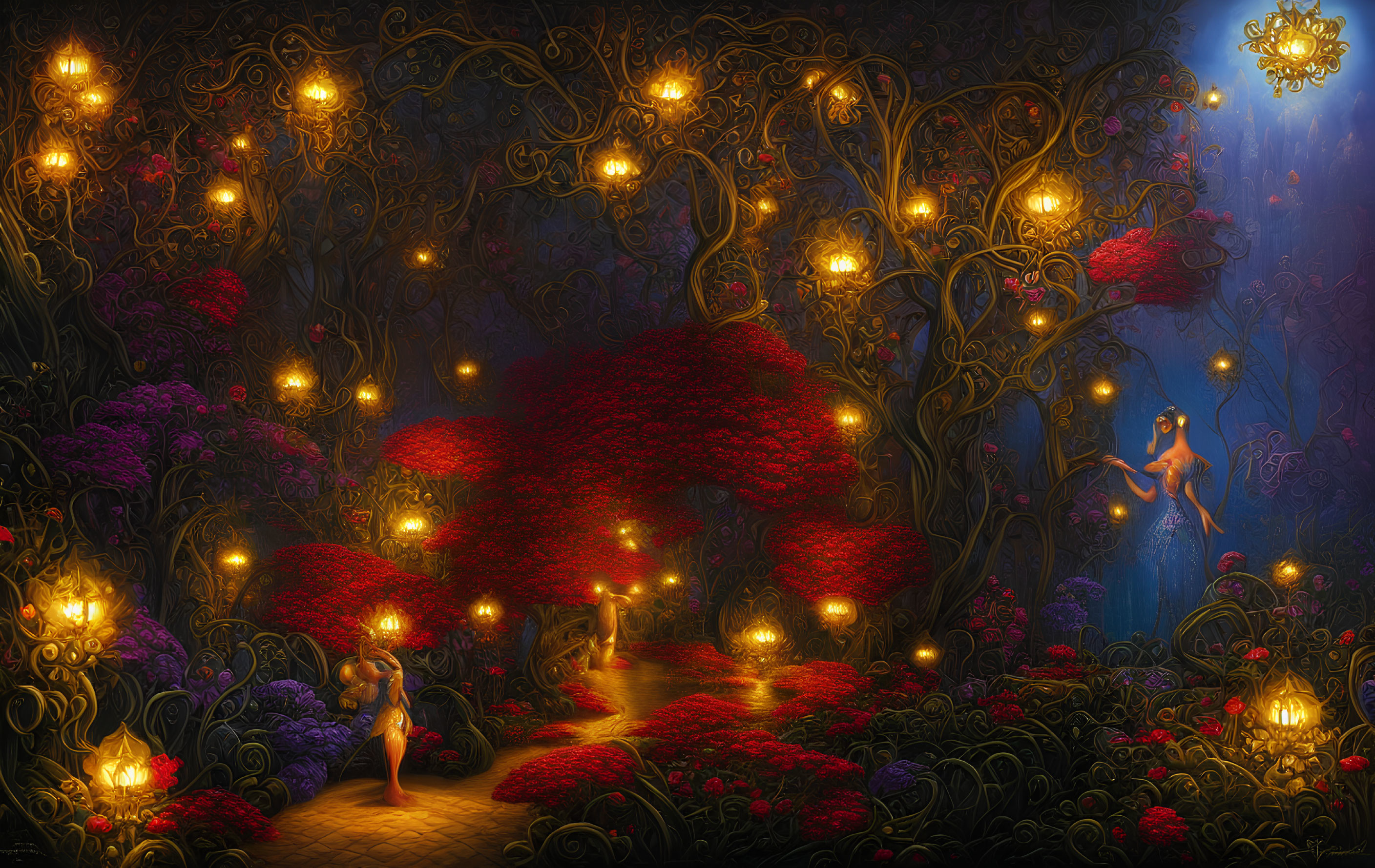 Fantastical forest with glowing lights and metallic trees