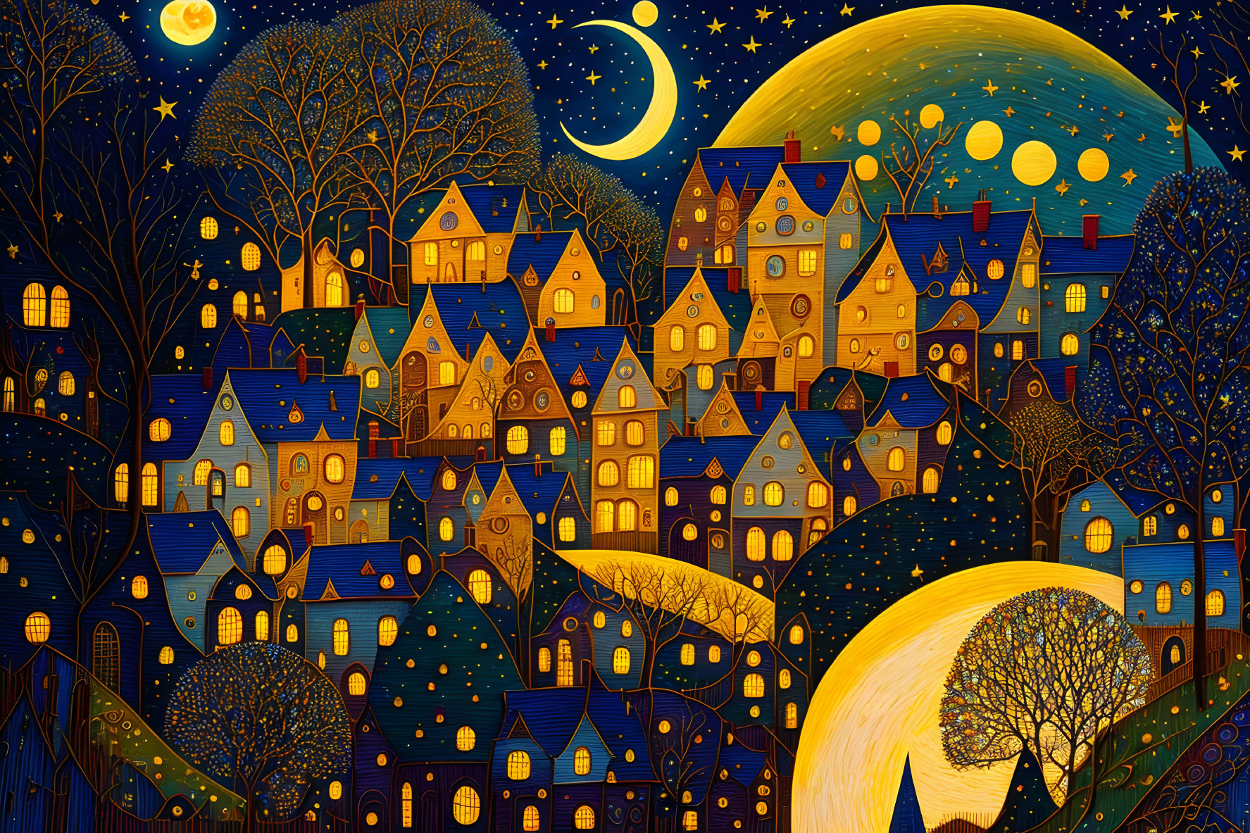 Colorful Nighttime Village Scene with Celestial Elements in Blues, Golds, and Yellows