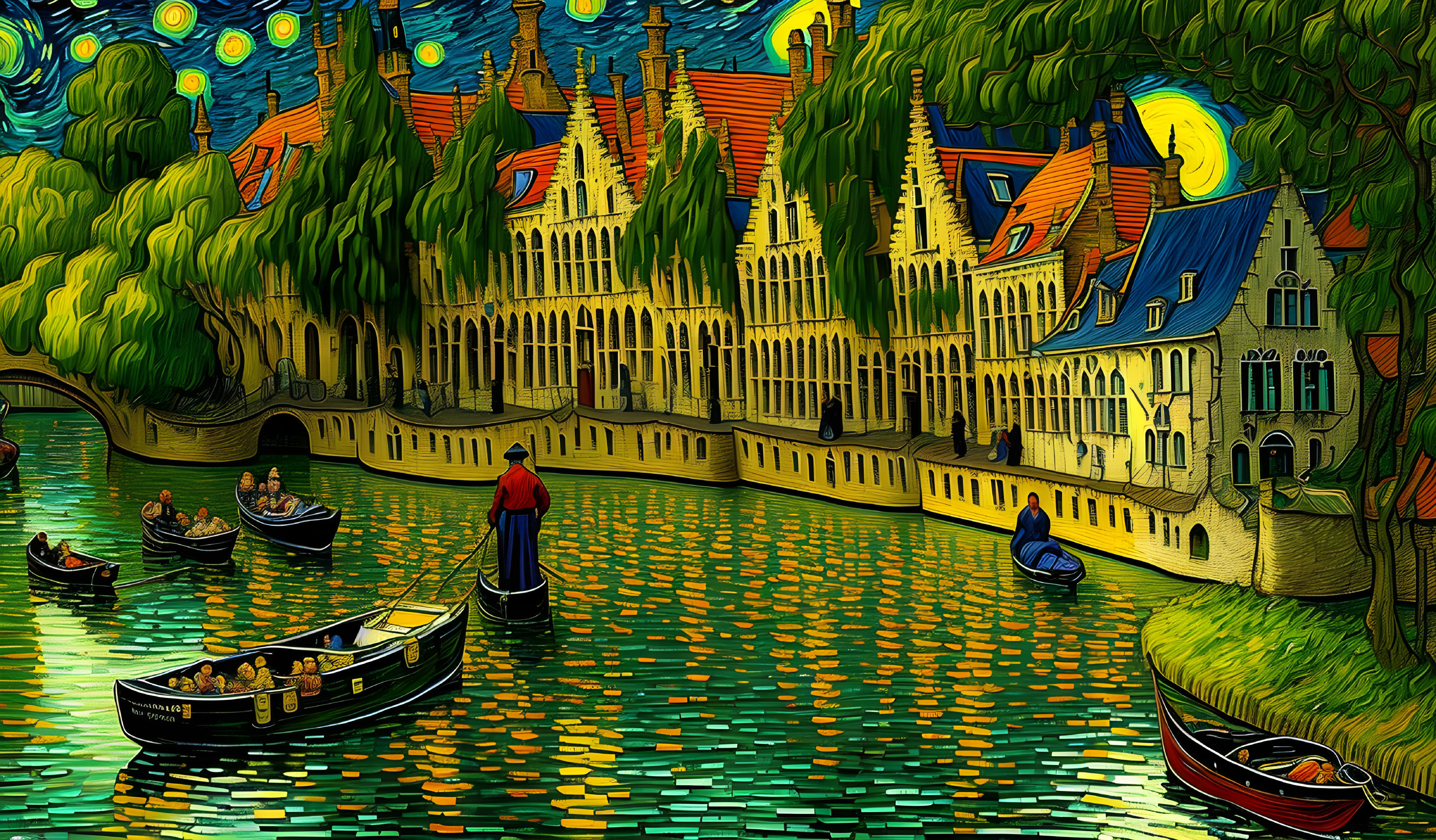 Vibrant canal scene with boats and starry night sky illustration.