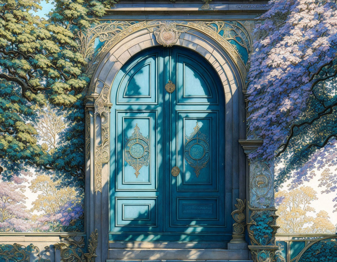 Ornate blue door with gold designs, flanked by violet flower trees under clear sky