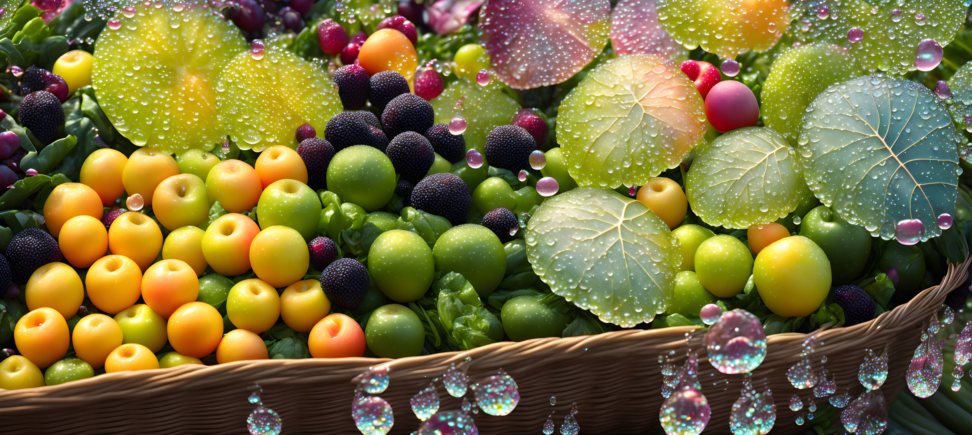 Colorful Fresh Fruits and Vegetables in Water Droplets Basket