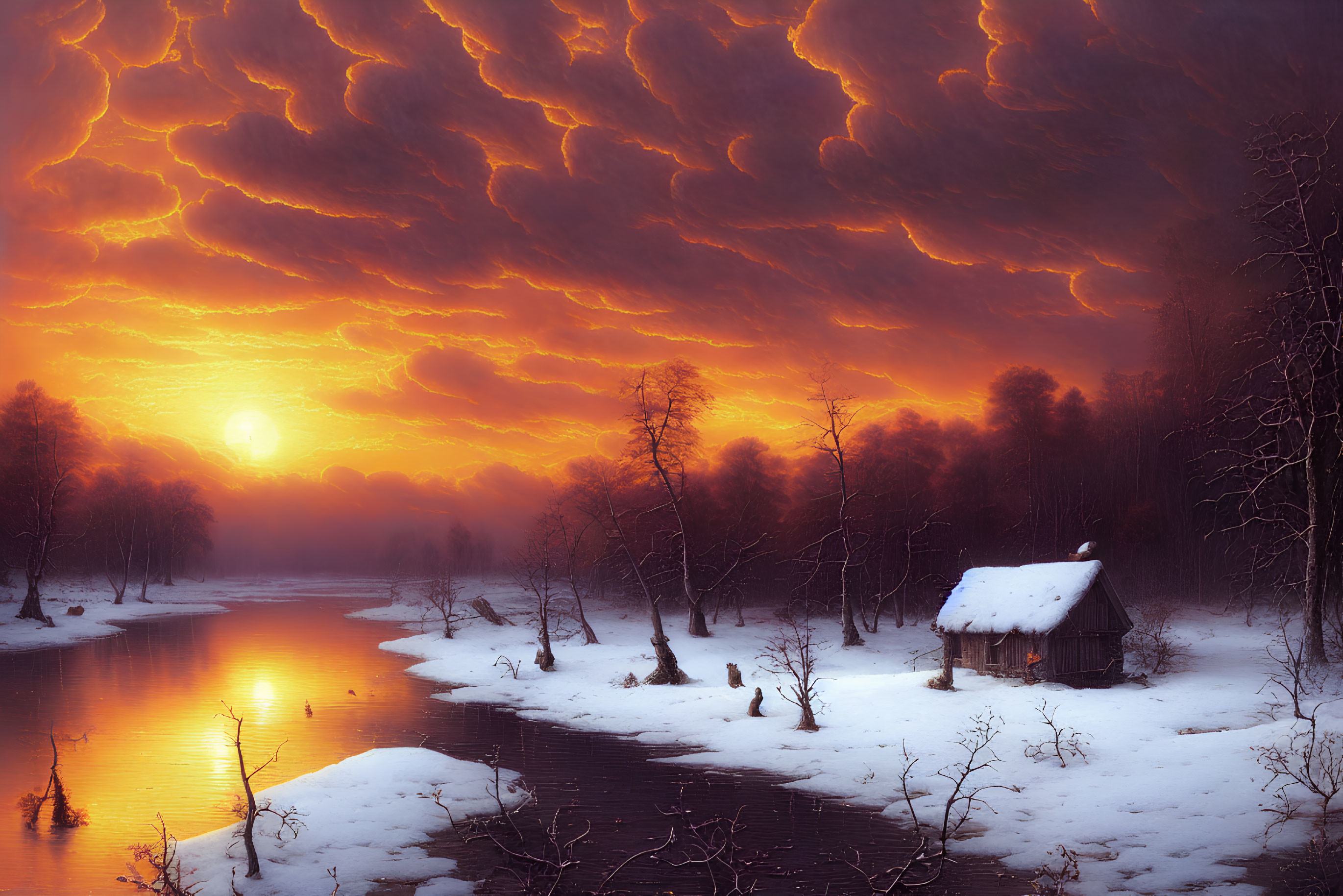 Snowy Sunset Scene: Thatched Cottage by River in Orange Cloudy Sky