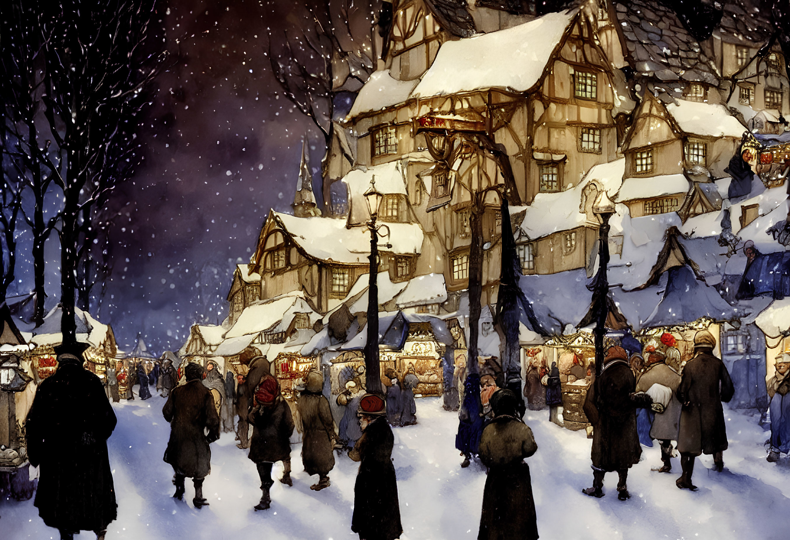 Snow-covered market scene at dusk with townsfolk in period attire browsing stalls