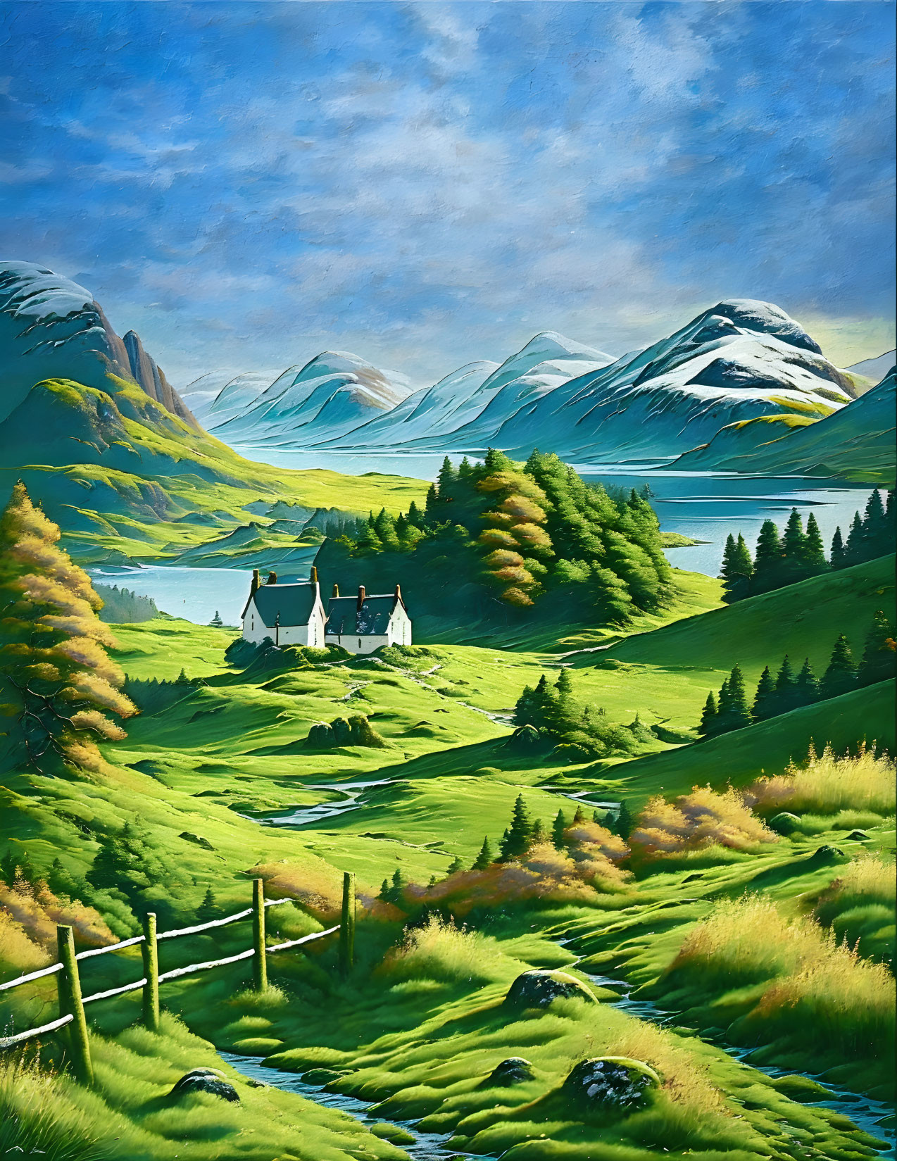 Scenic painting of lush valley, village, river, mountains under blue sky