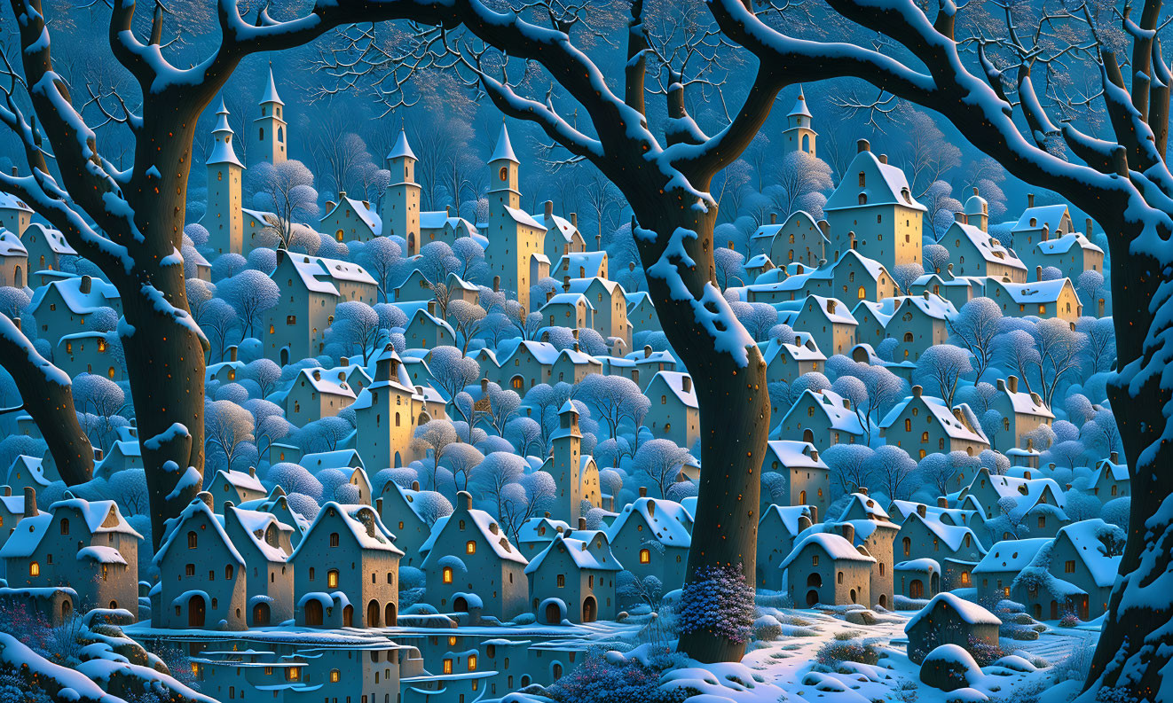 Snow-covered winter village nestled among forest trees at dusk