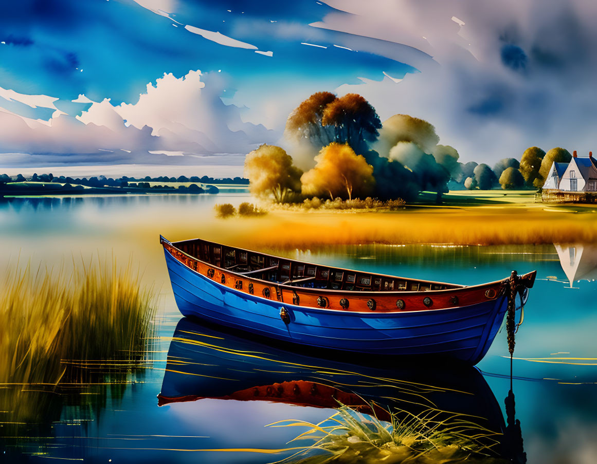 Tranquil digital painting of blue boat on calm waters with golden reeds, house, trees,