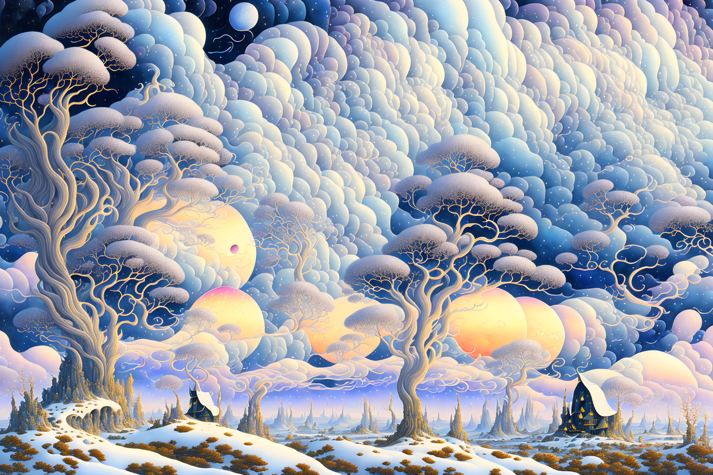 Surreal landscape with stylized trees and swirling clouds