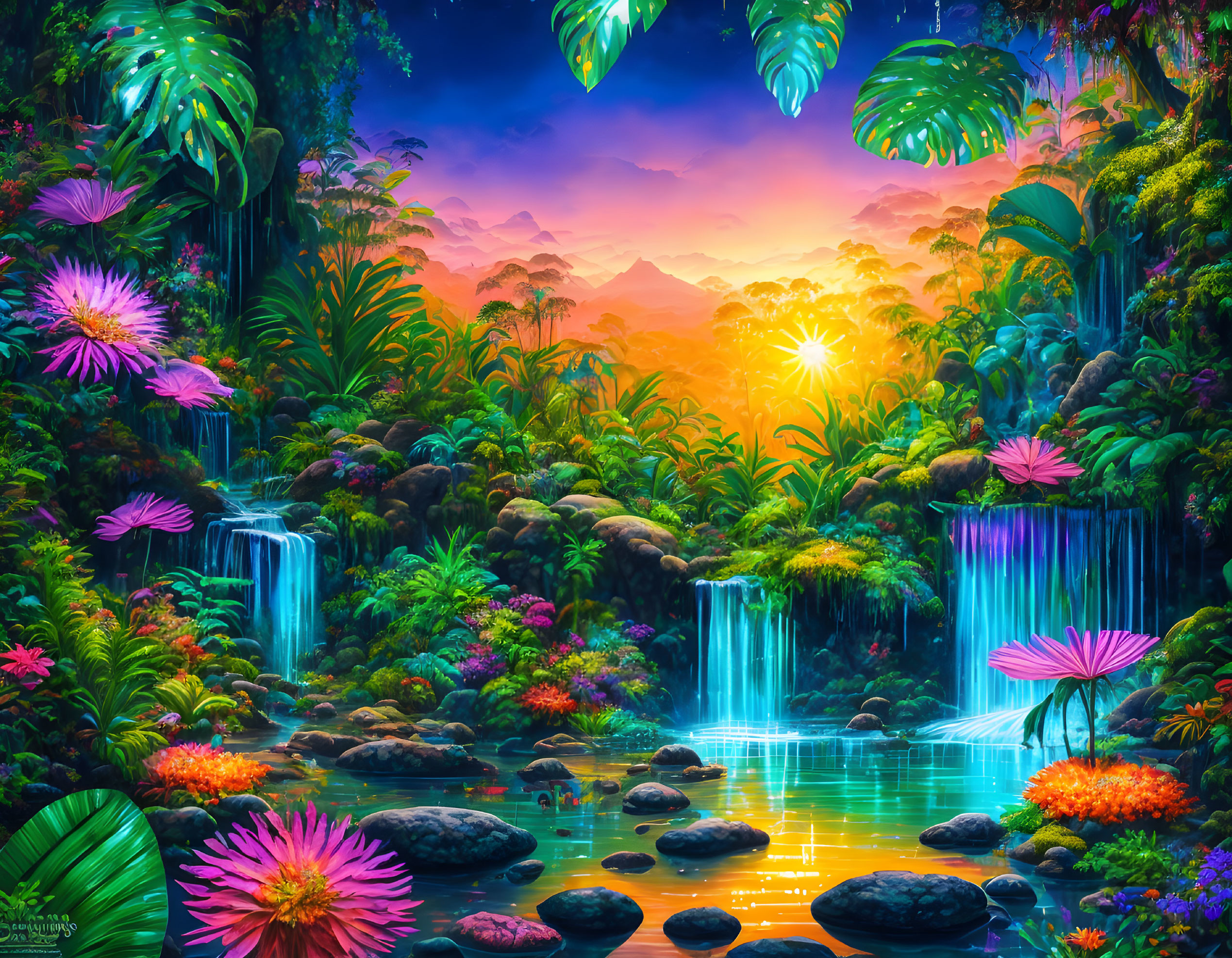 Vibrant tropical jungle with waterfalls and river at sunset