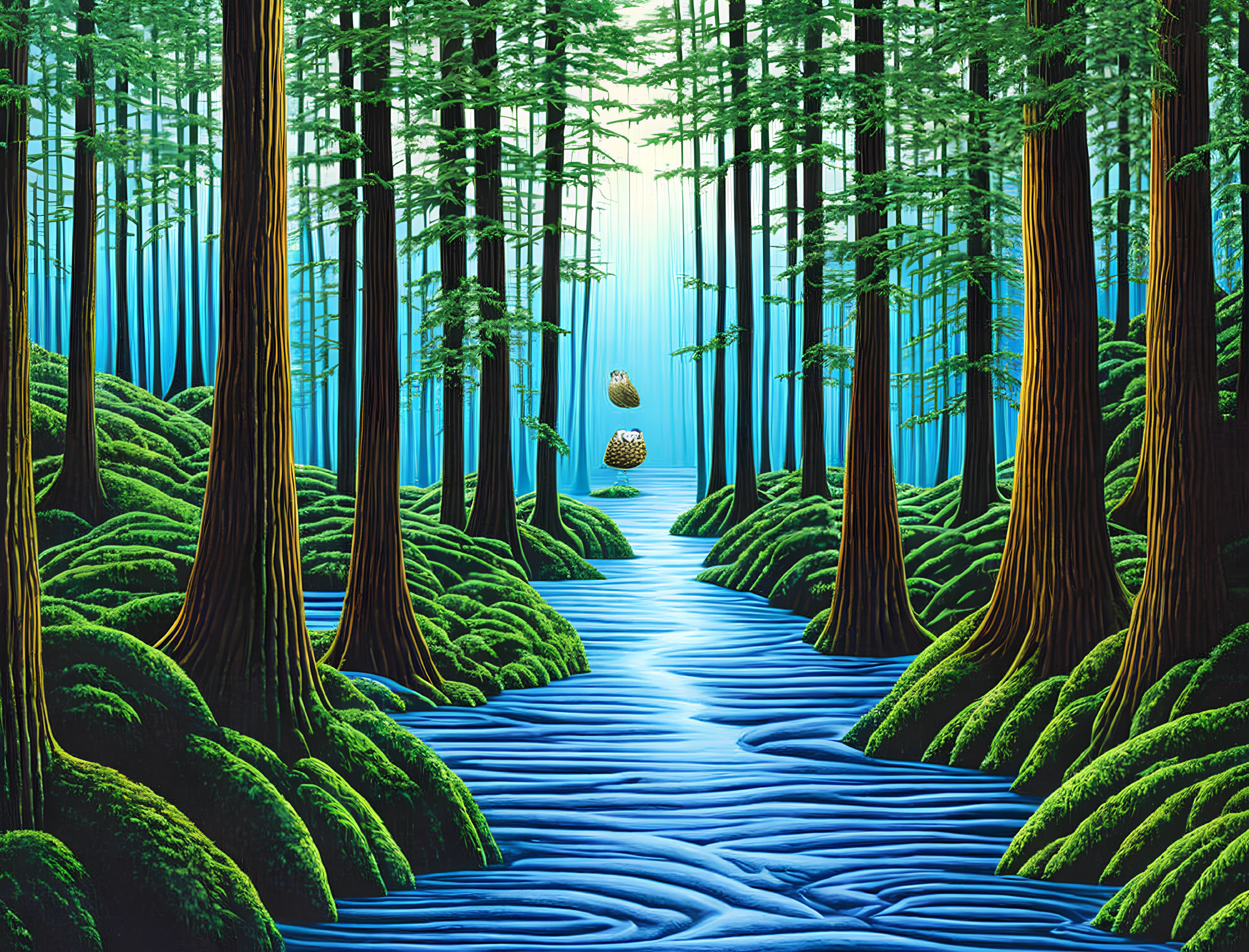 Lush forest painting with blue stream & green moss