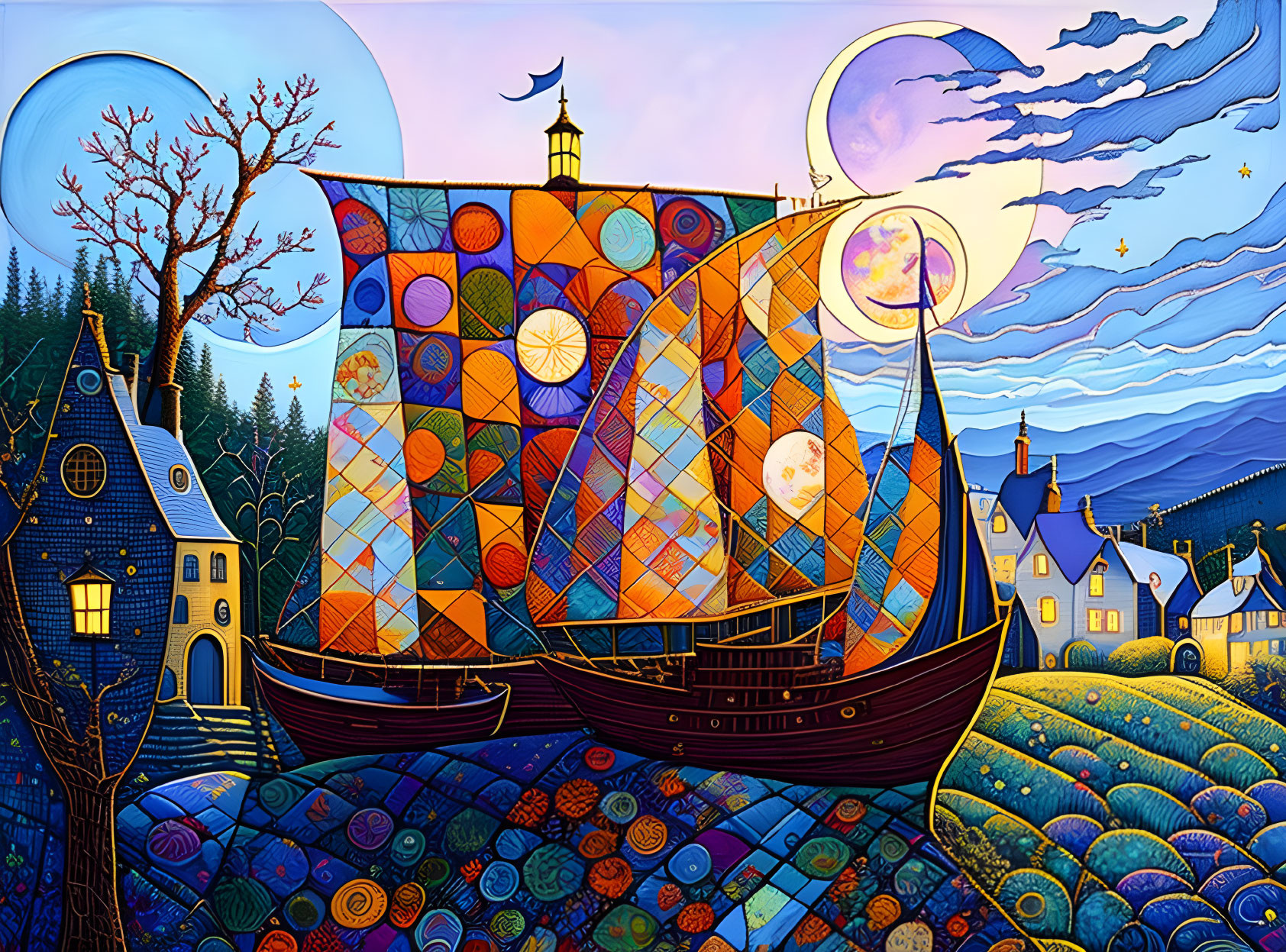 Colorful Patchwork Sailboat Artwork on Rolling Sea Village Scene