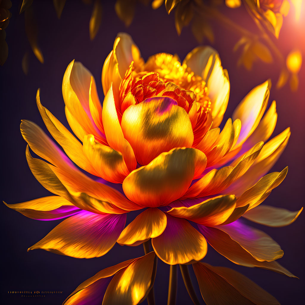 Colorful radiant flower in warm sunlight on dark background