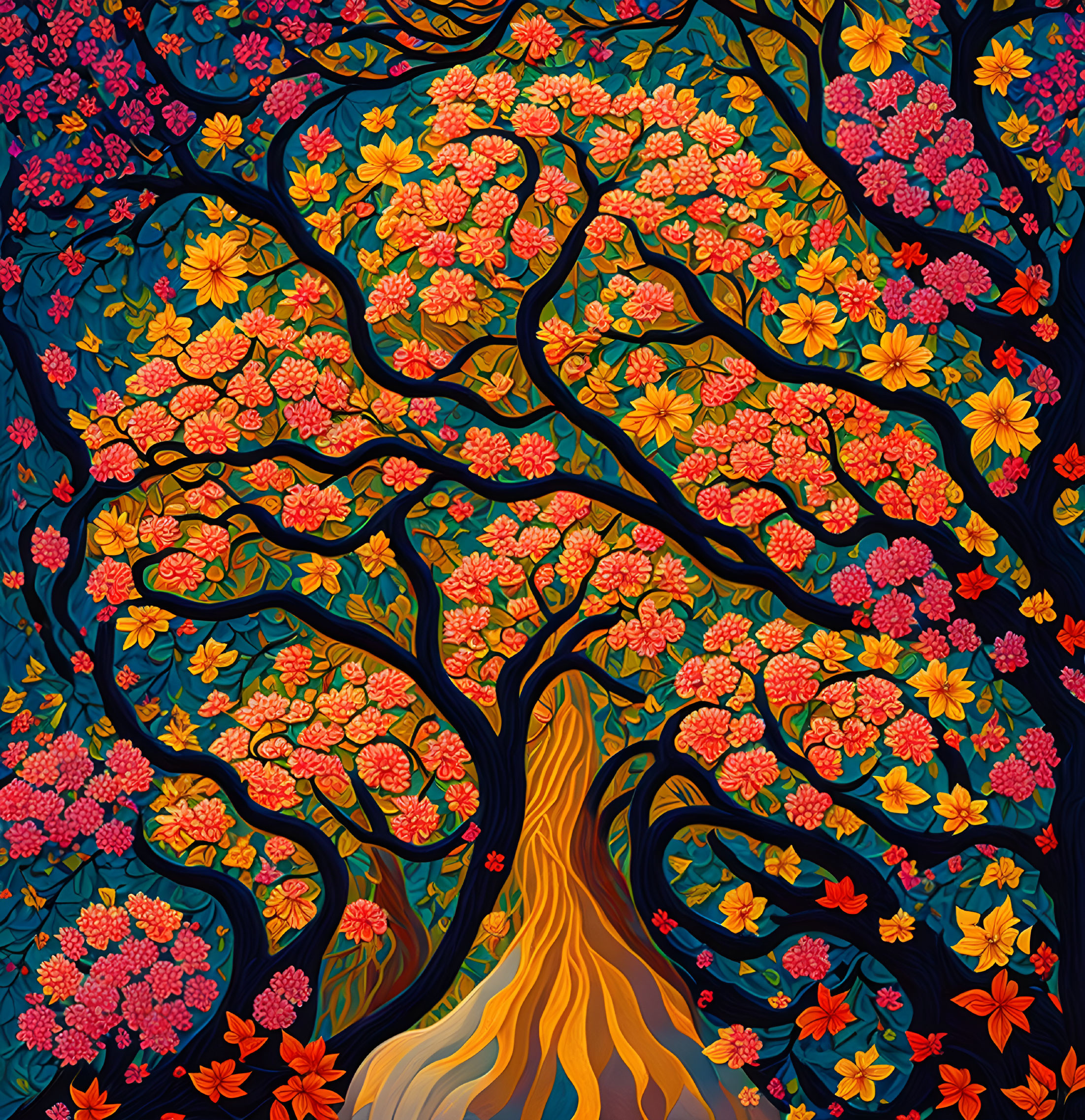 Colorful Flowering Tree Painting on Dark Blue Background